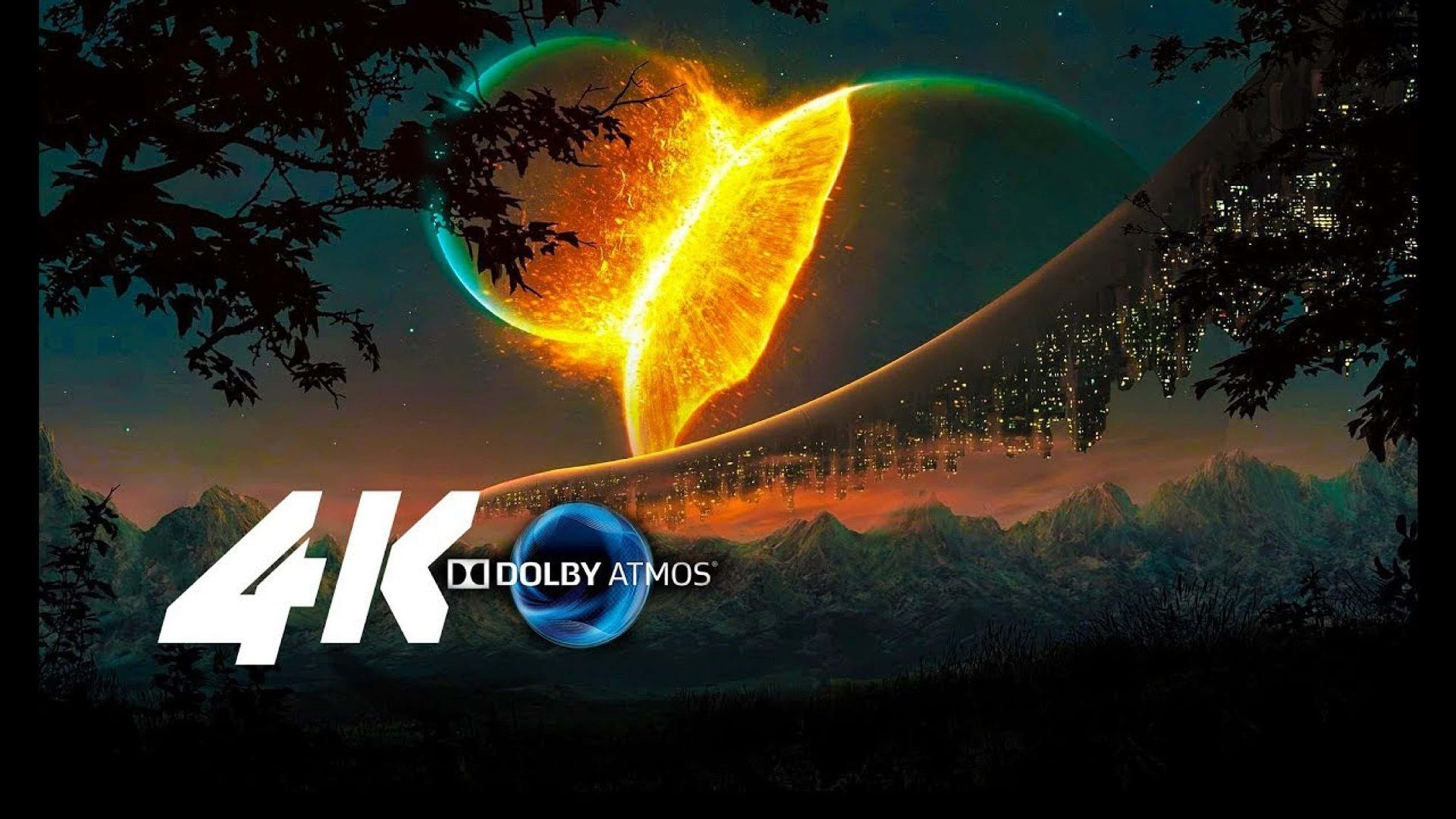 4K Dolby Vision 桌布 壁紙 — 一顆熾熱的天體心臟在山脈上方運行，山谷中閃耀著城市景觀。