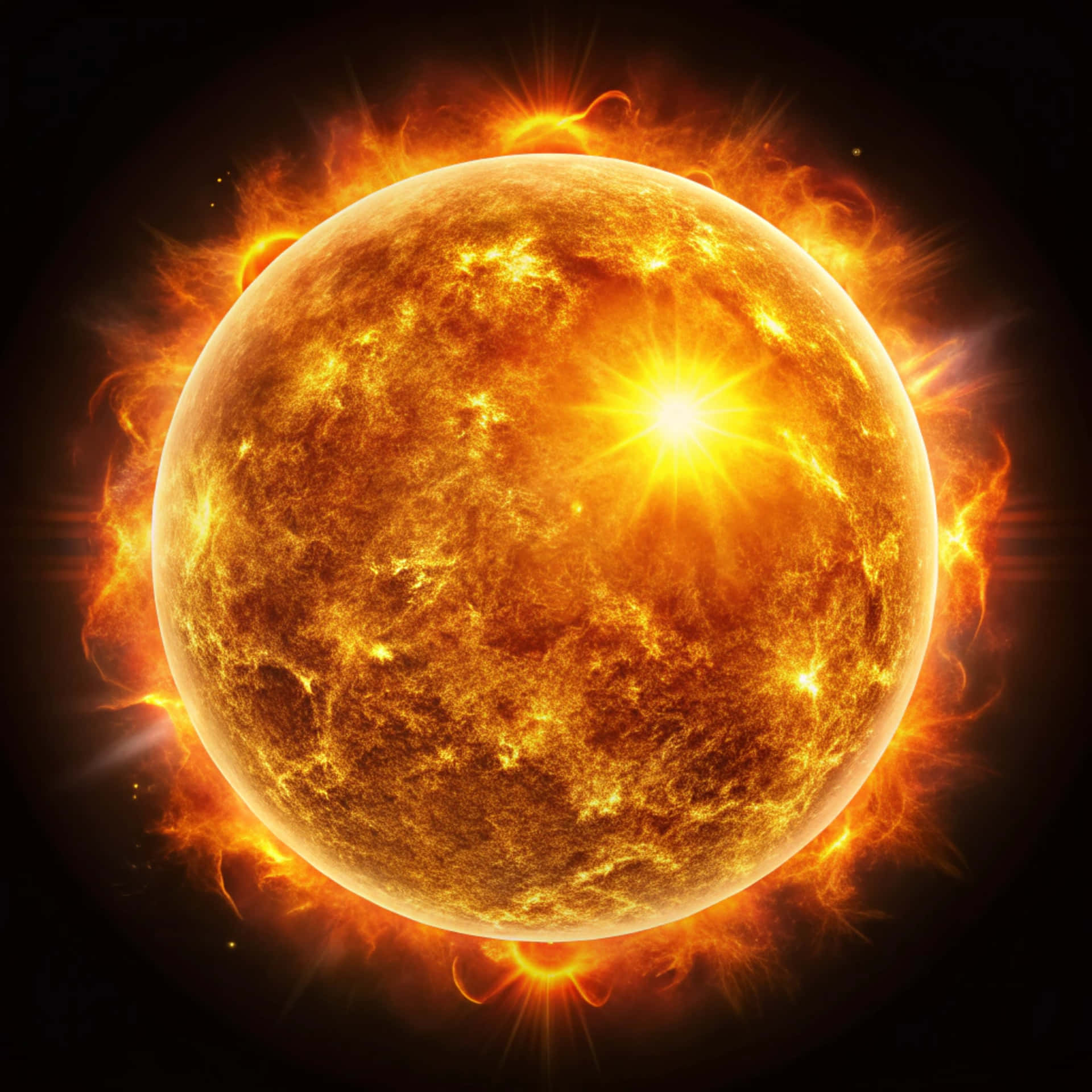Sun 壁紙 — 一顆熾熱的太陽，其表面噴發出火橙色和黃色的太陽耀斑，背景是黑暗的宇宙虛空。