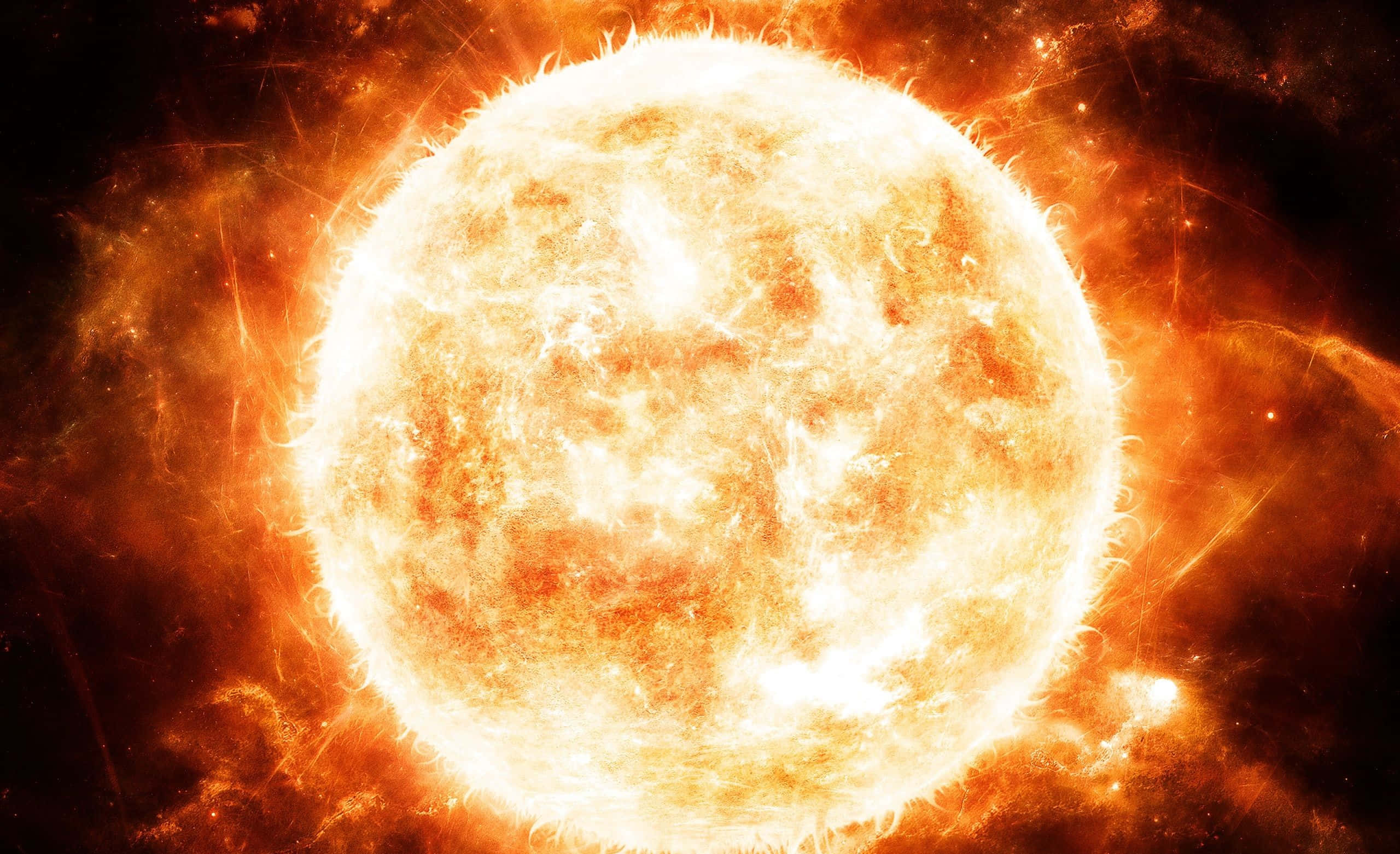 太陽 桌布 壁紙 — 一顆熾熱的太陽，帶有火熱的橙色和白色等離子體，在黑暗的宇宙背景下爆發。
