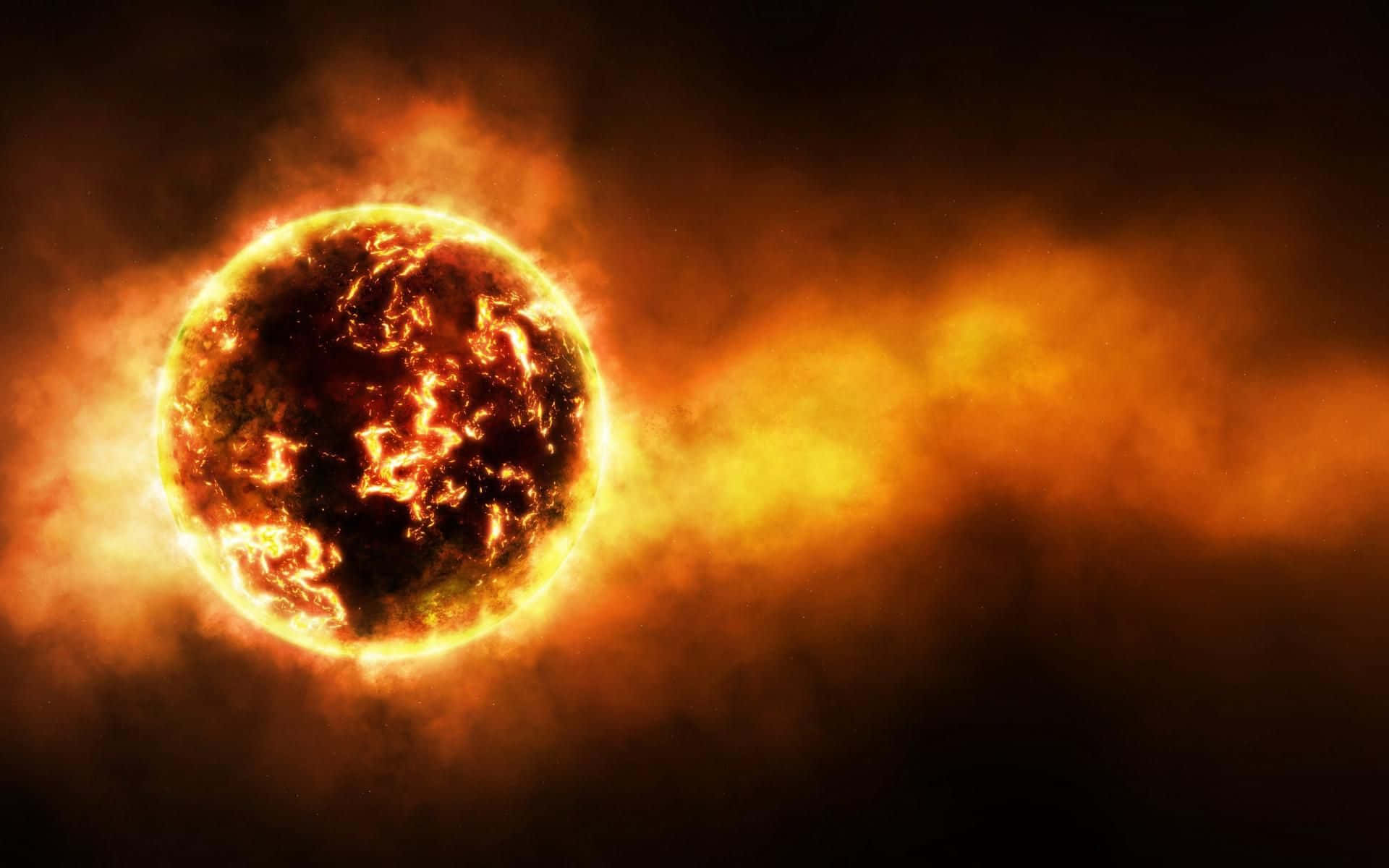 Burn 桌布 壁紙 — 一顆熾熱的太陽，散發著發光的橙色等離子體，在黑暗的宇宙背景下爆發，伴隨著旋轉的太陽風。