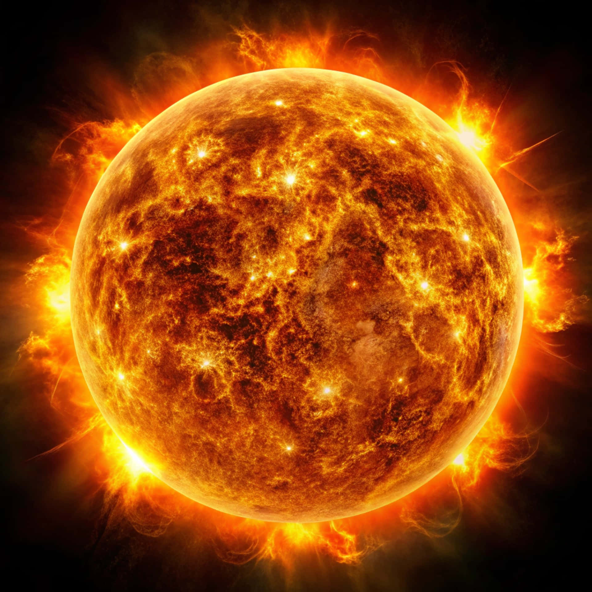 Solar surfaces 壁紙 — 一顆熾熱的太陽，表面噴發出熾熱的橙色和黃色太陽耀斑，背景是黑暗的虛空。