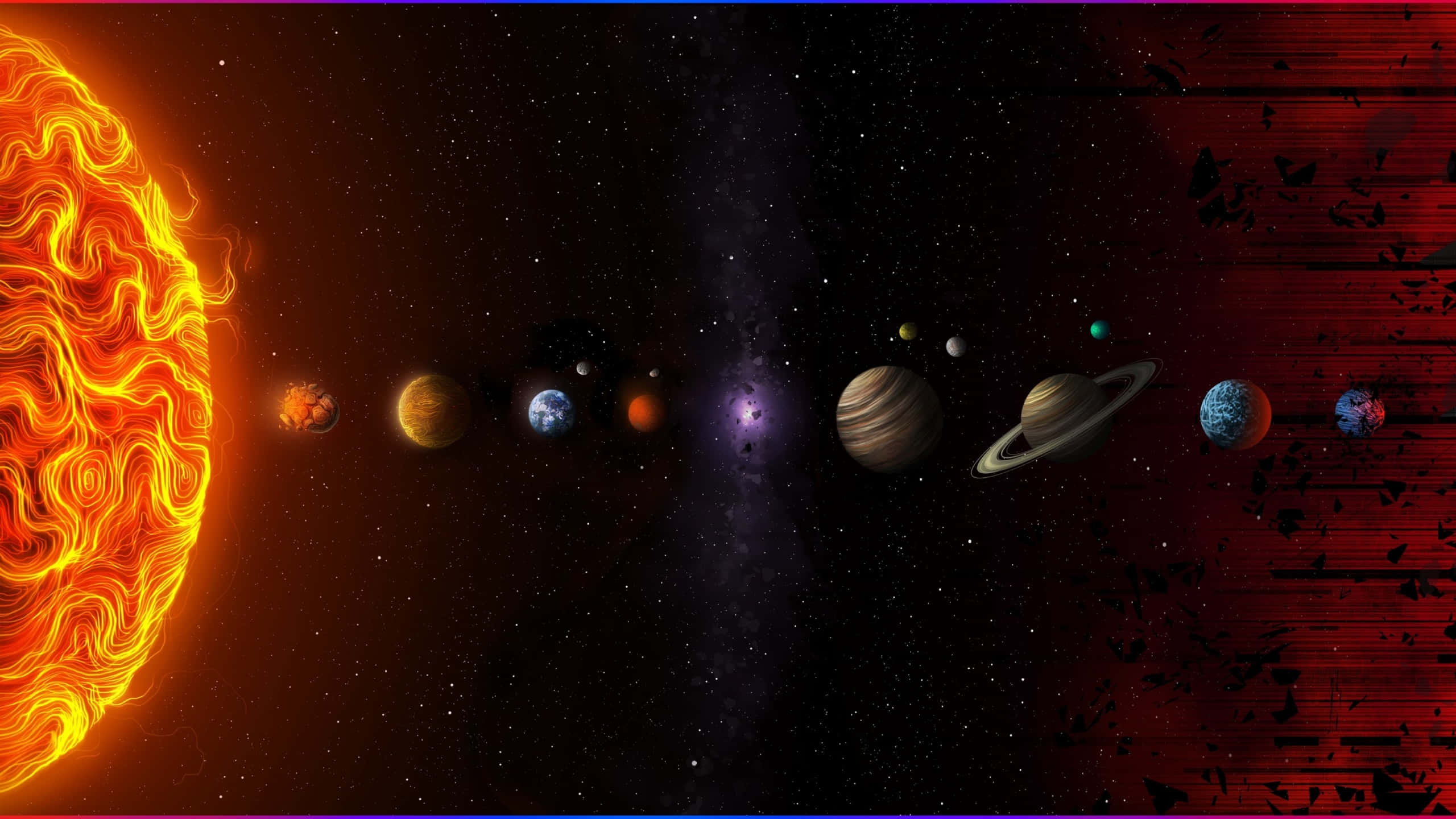 1440p Space 桌布 壁紙 — 一顆熾熱的太陽主宰左側，行星在星空中繞行，背景是帶有故障效果的紅色宇宙。