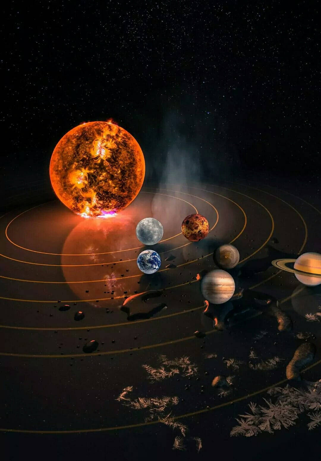 Solar System HD 桌布 壁紙 — 一顆熾熱的太陽主宰著一個太陽系，行星在發光的環上繞行，背景是佈滿星辰的虛空。