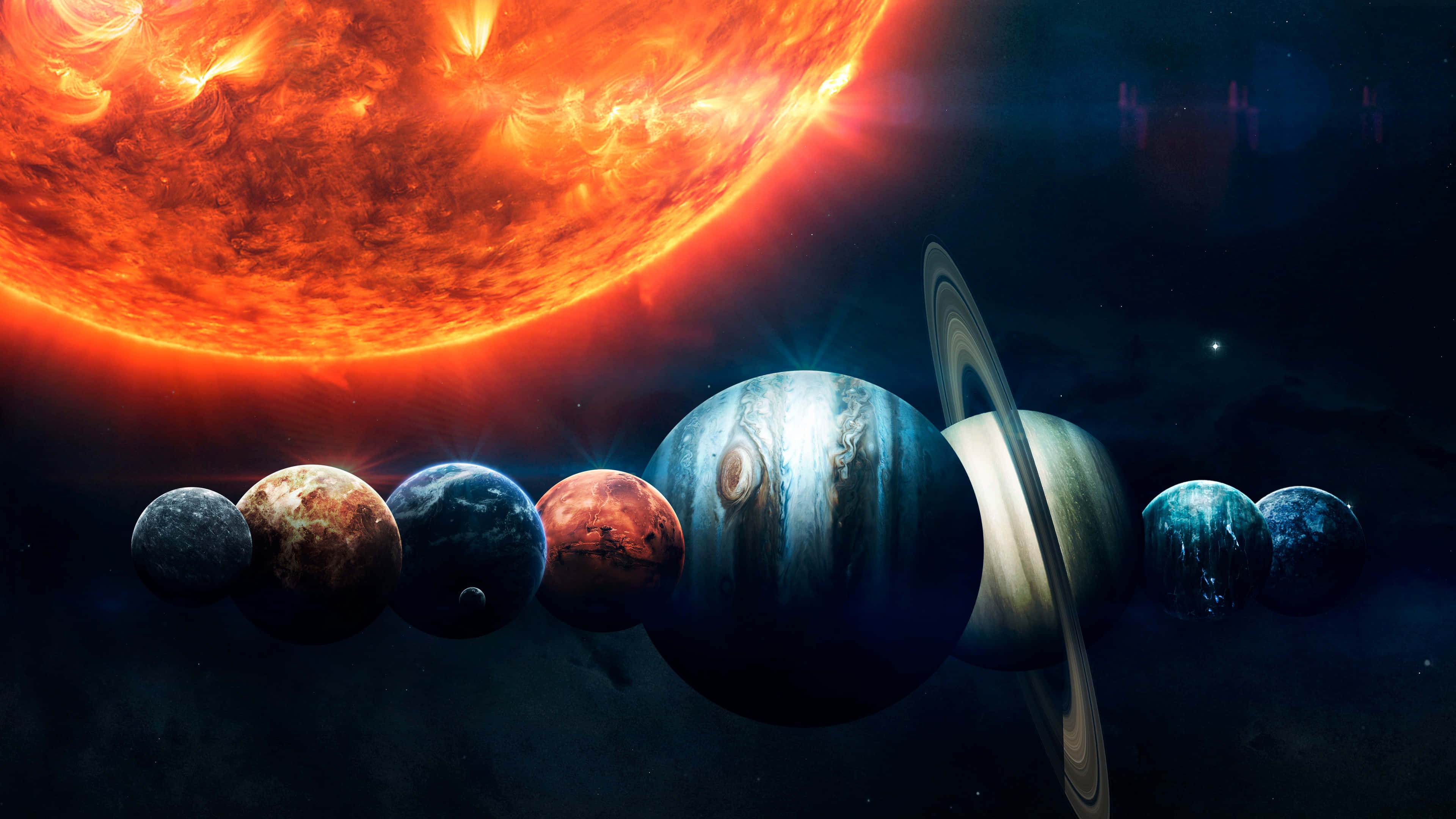 桌布 壁紙 — 一顆熾熱的太陽主宰著天空，八顆行星（包括木星和土星）在繁星點點的虛空中以宇宙排列的方式運行。