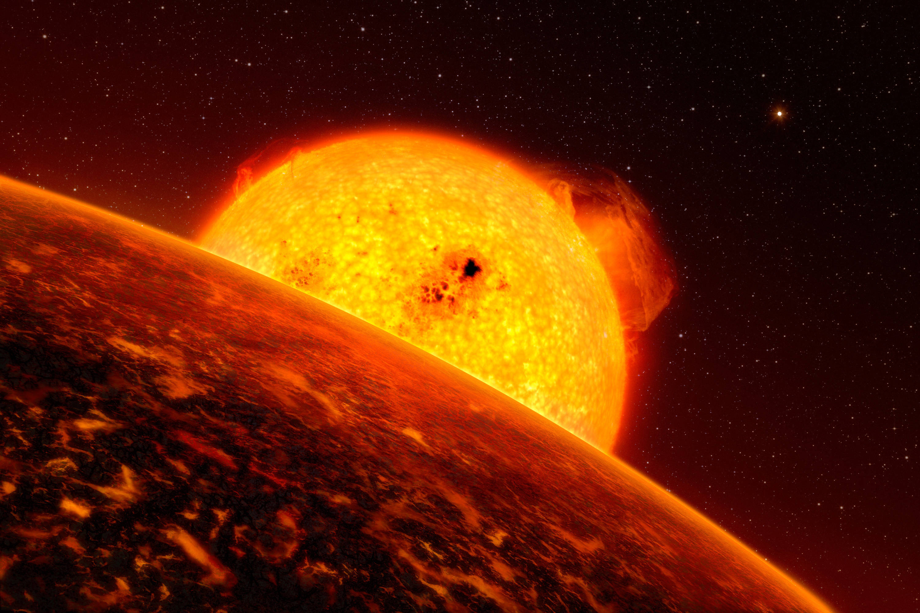 sun HD 桌布 壁紙 — 一顆熾熱的太陽主導了畫面，在繁星點點的夜空下，從熔融行星的彎曲地平線上升起。