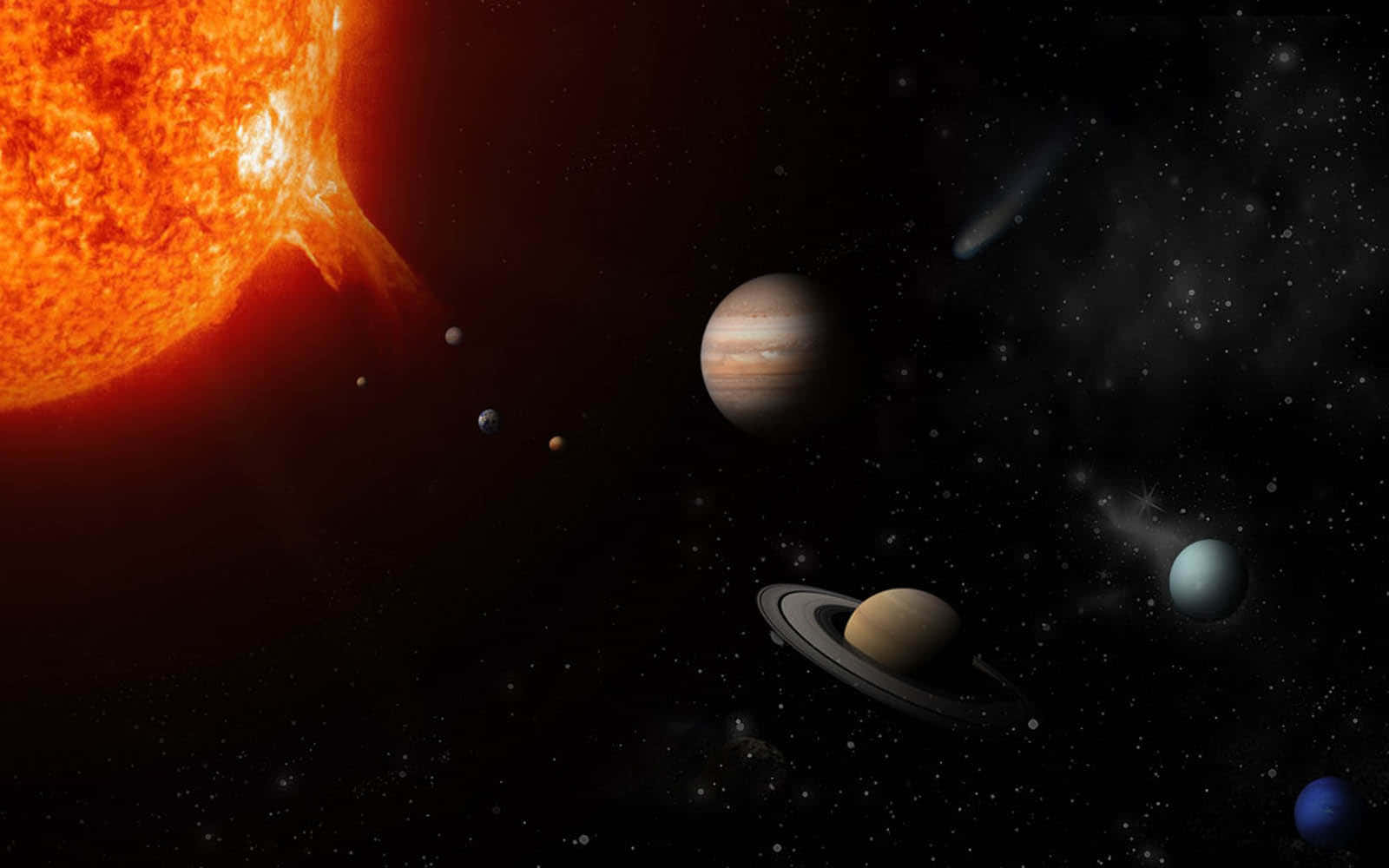 太陽系 桌布 壁紙 — 一顆熾熱的太陽主導左側，而包括土星和木星在內的行星在佈滿星星的宇宙虛空中漂流。