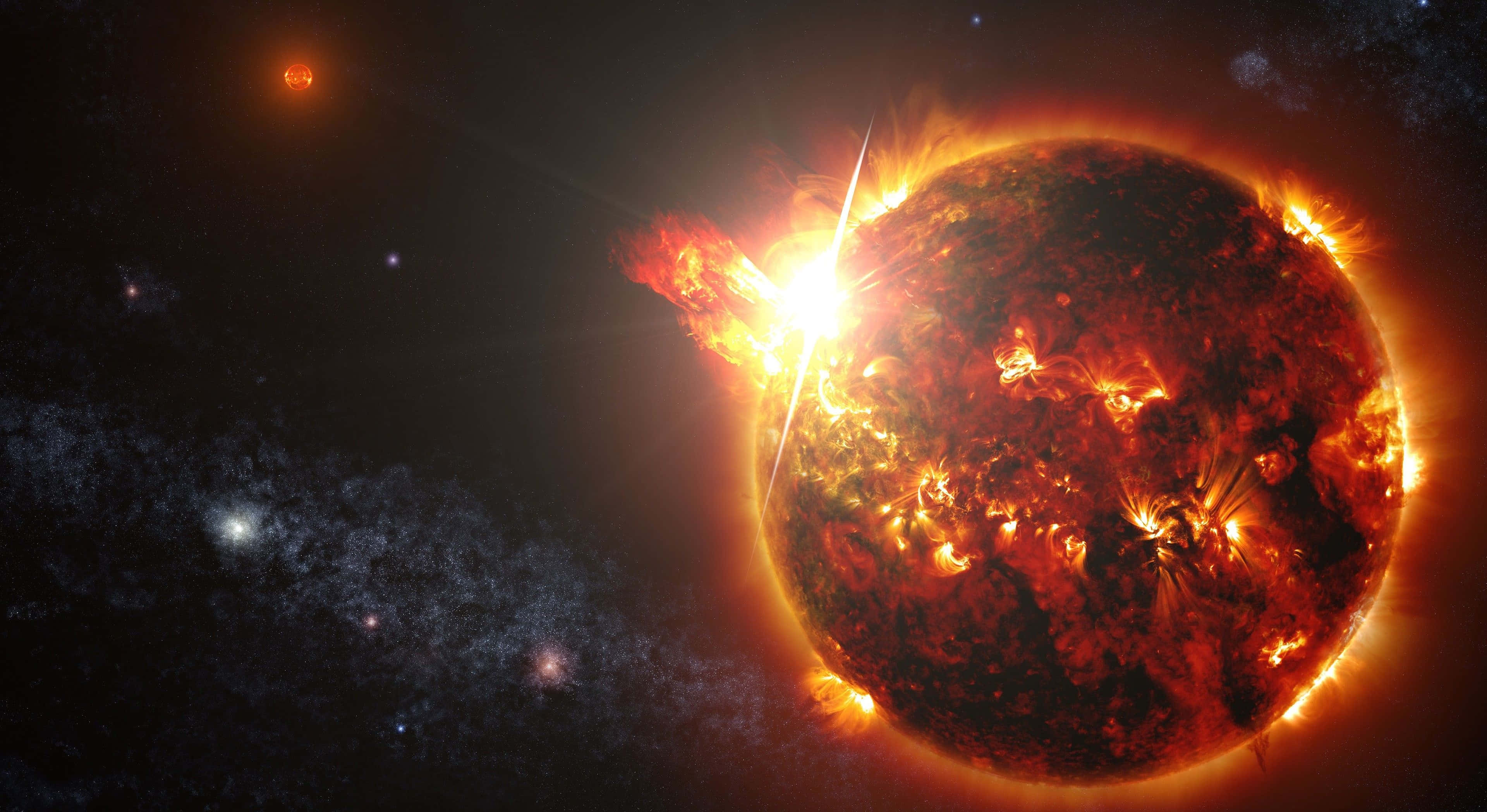 Exoplanet 桌布 壁紙 — 一顆熾熱的太陽在佈滿星斗的宇宙背景中爆發太陽耀斑，背景有遙遠的星系。