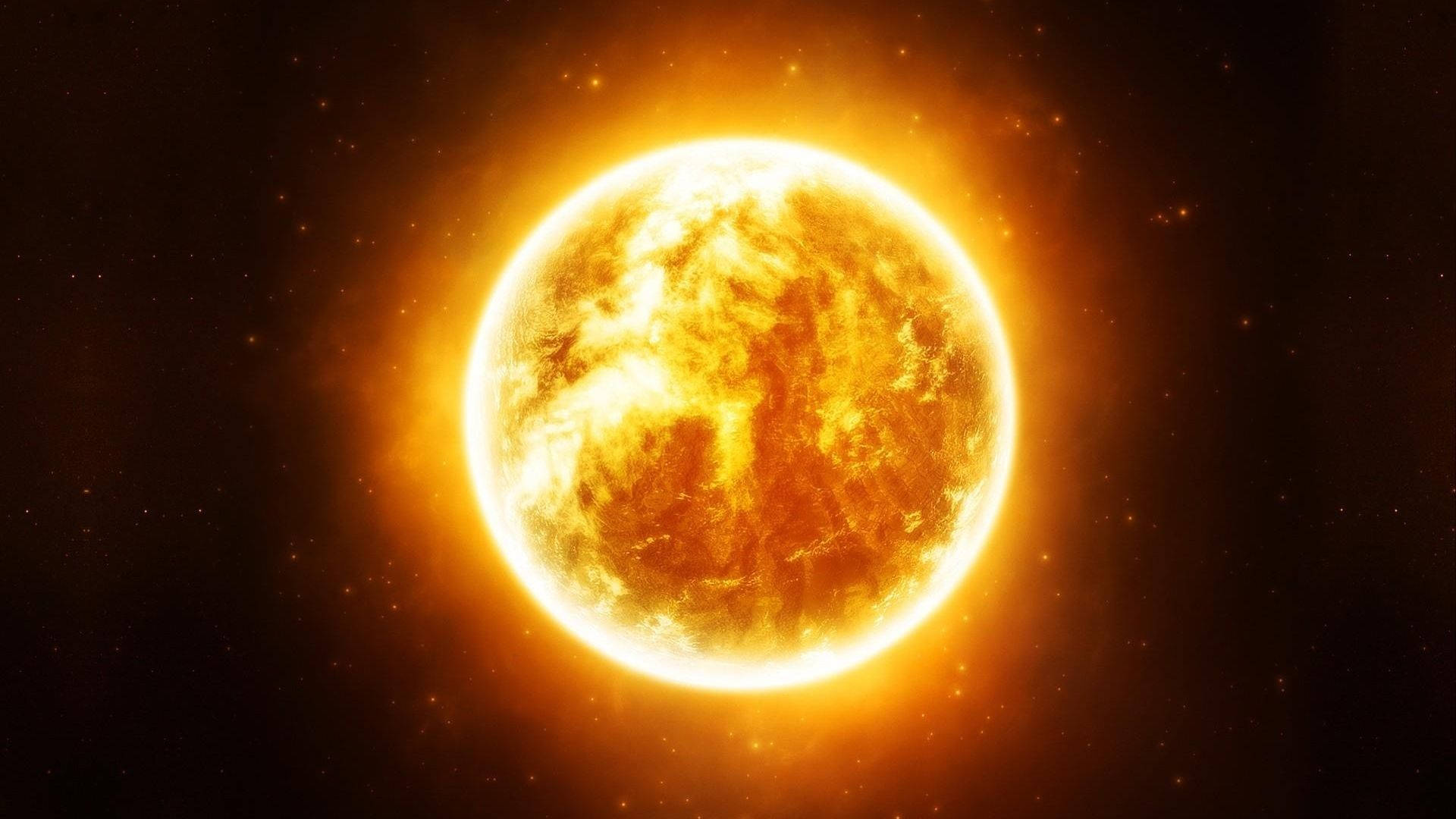 太陽 桌布 壁紙 — 一顆熾熱的太陽在佈滿星星的宇宙虛空中散發出強烈的橙色和黃色光芒。