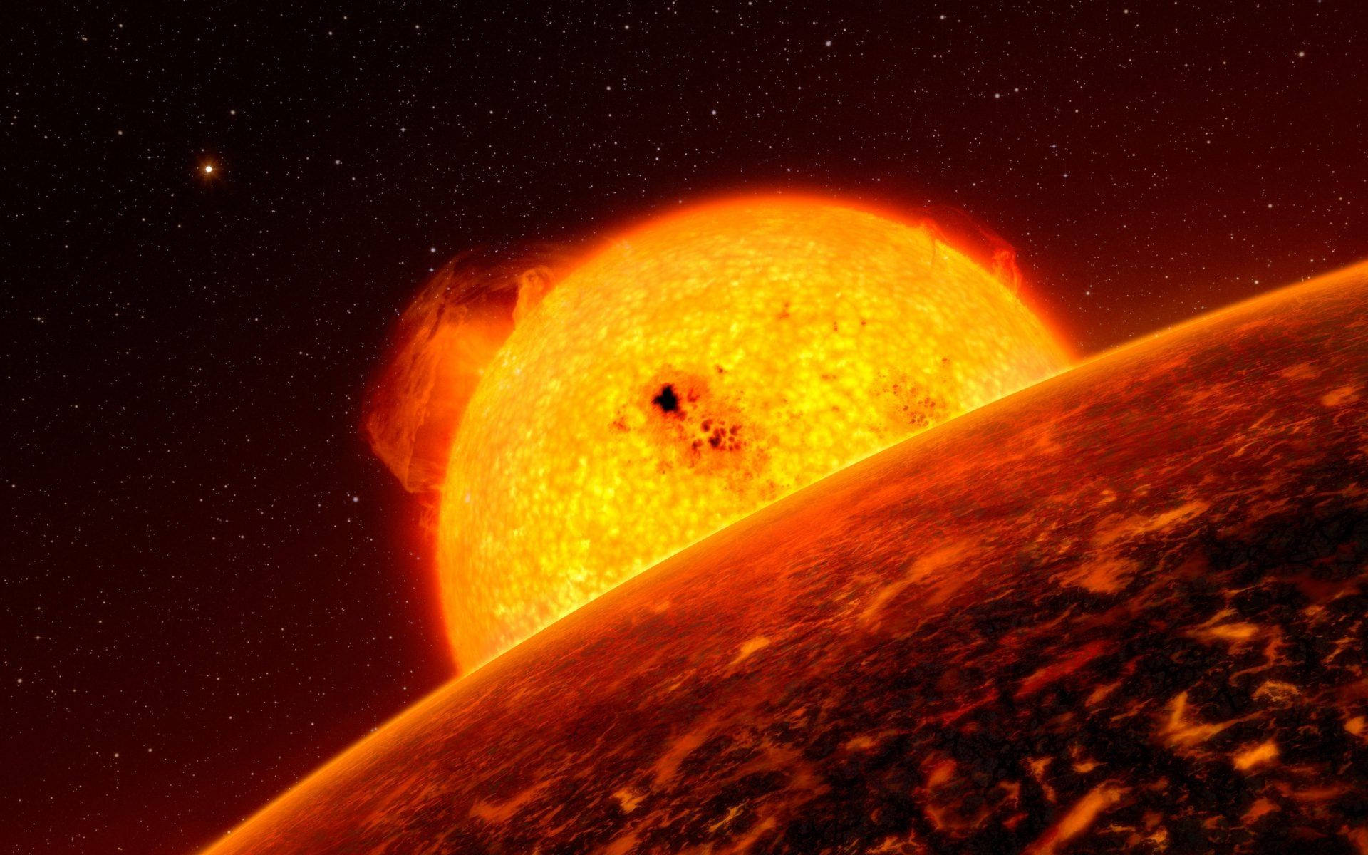 太陽系 桌布 壁紙 — 一顆熾熱的太陽在佈滿星辰的宇宙背景下，於一顆微紅色的外星行星上方噴發太陽耀斑。