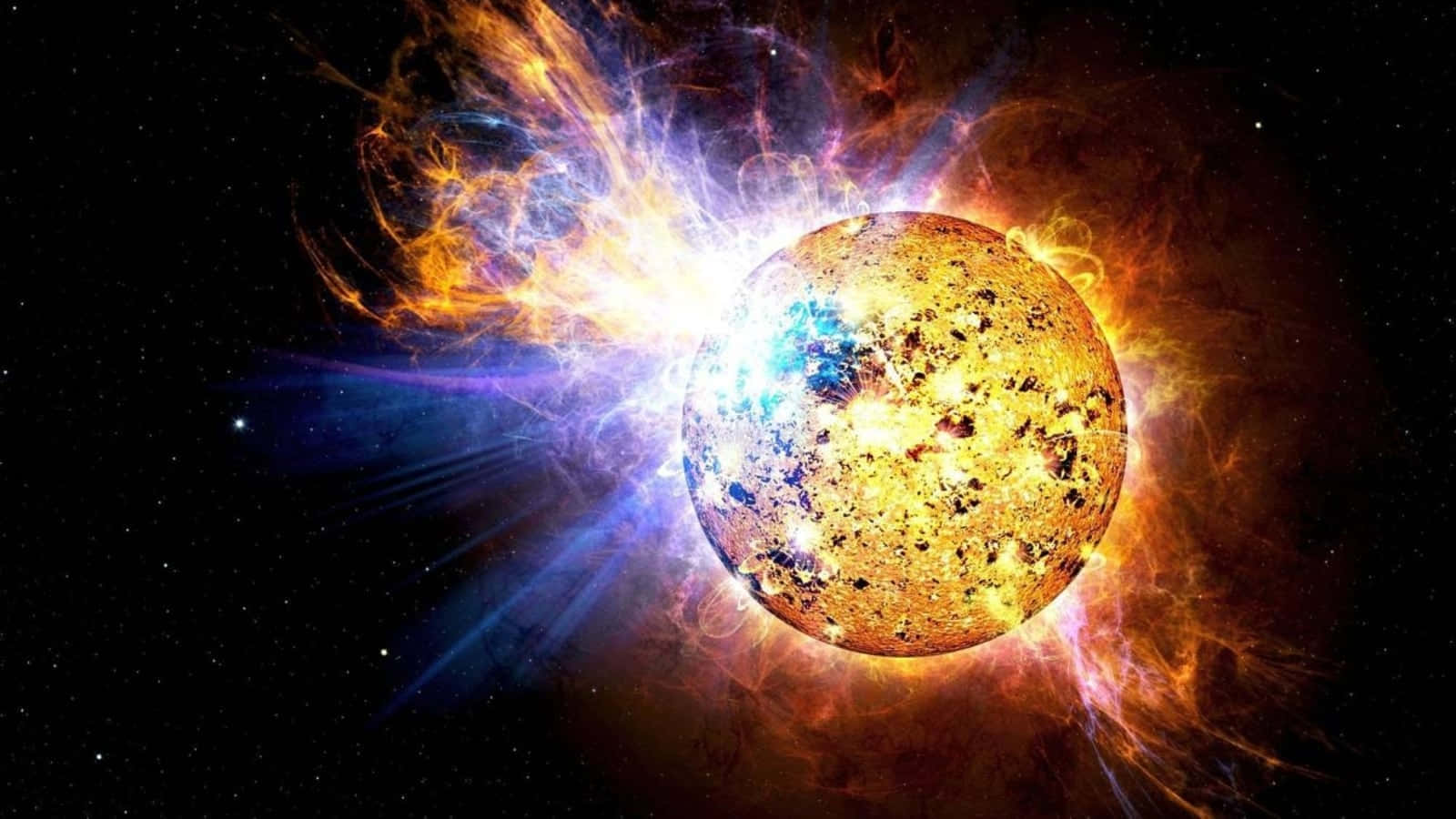 太陽 桌布 壁紙 — 一顆熾熱的太陽在繁星點點的宇宙背景下噴發出充滿活力的太陽耀斑和發光的等離子體。