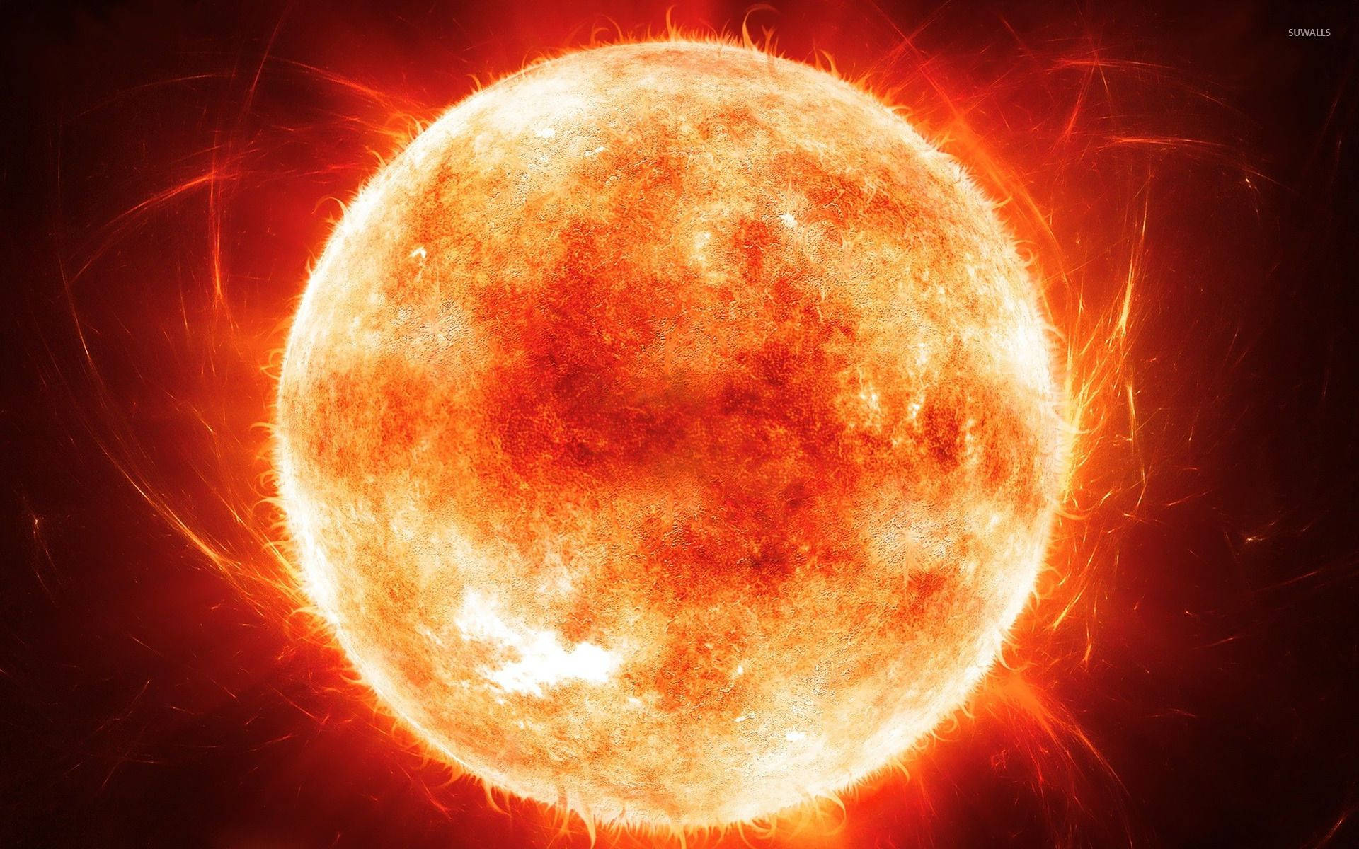 太陽 桌布 壁紙 — 一顆熾熱的太陽在黑暗的宇宙背景下散發出強烈的橙色和紅色等離子體，並帶有發光的太陽耀斑。