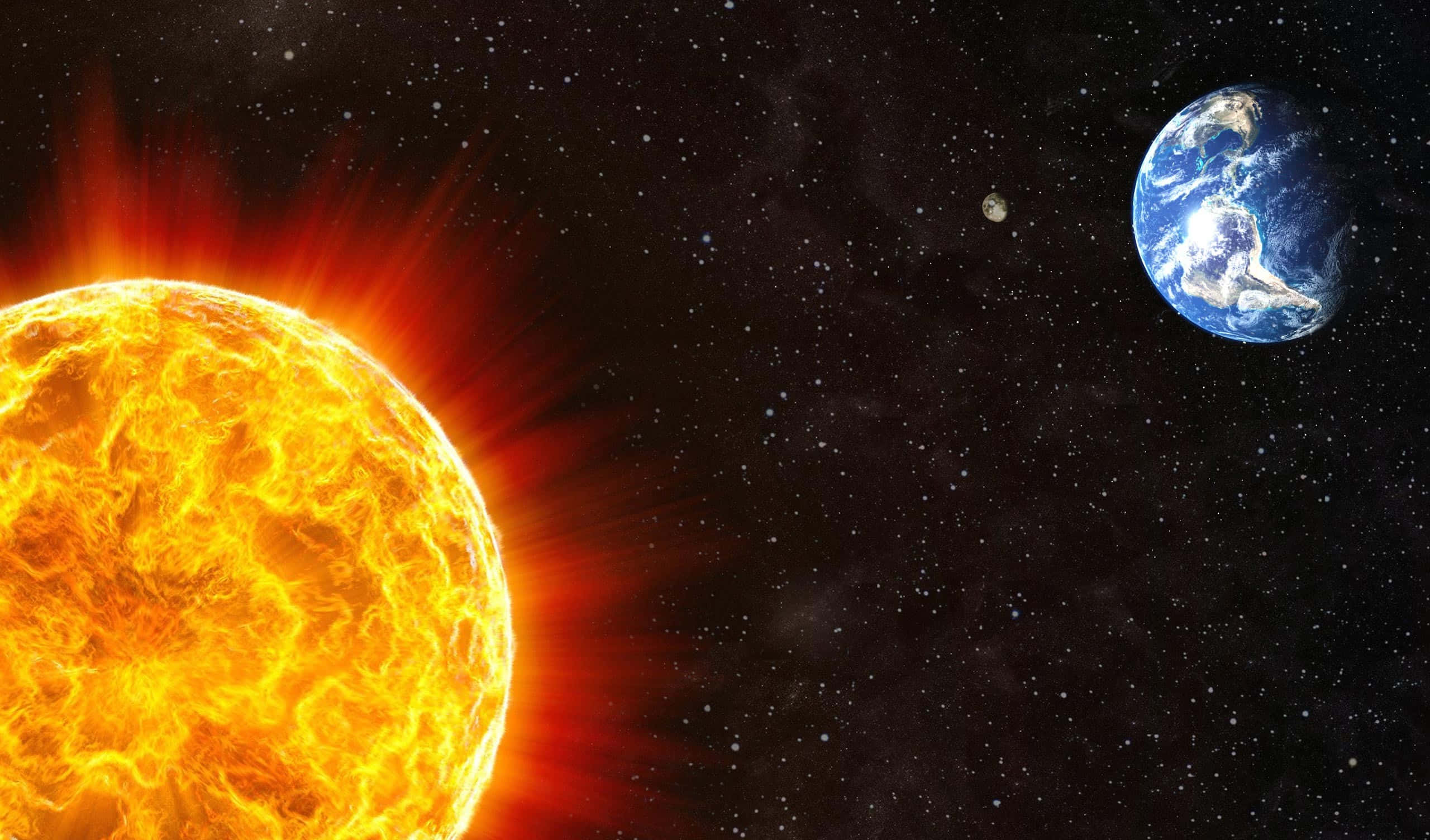 太陽 桌布 壁紙 — 一顆熾熱的太陽散發出強烈的光和太陽耀斑，而地球則在繁星點點的虛空中運行，附近還有一顆小小的月球。