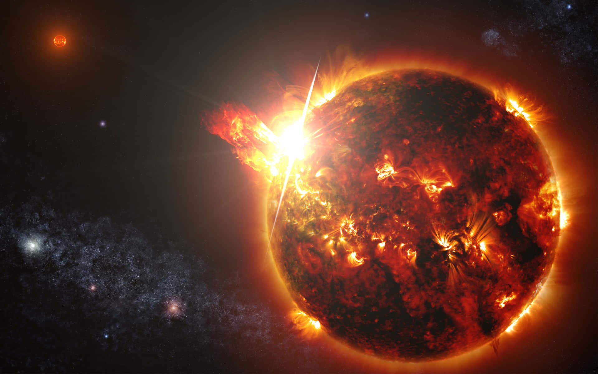 一顆燃燒的太陽，太陽耀斑射向太空，附近有星雲和遙遠的恆星。 — 太陽 GIF 壁紙