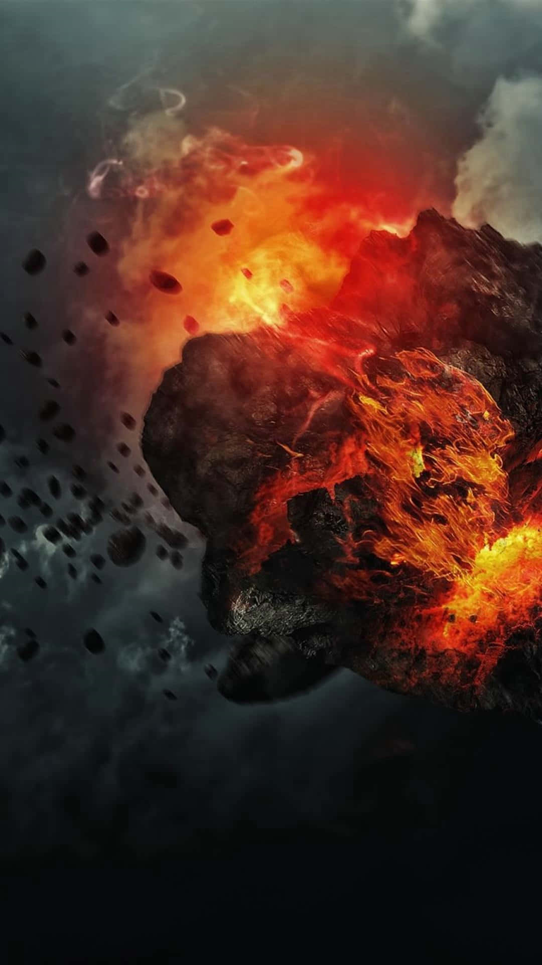 直式 桌布 壁紙 — 一顆熾熱的小行星在太空中爆炸，熔岩和發光的餘燼在黑暗的宇宙背景下四散。