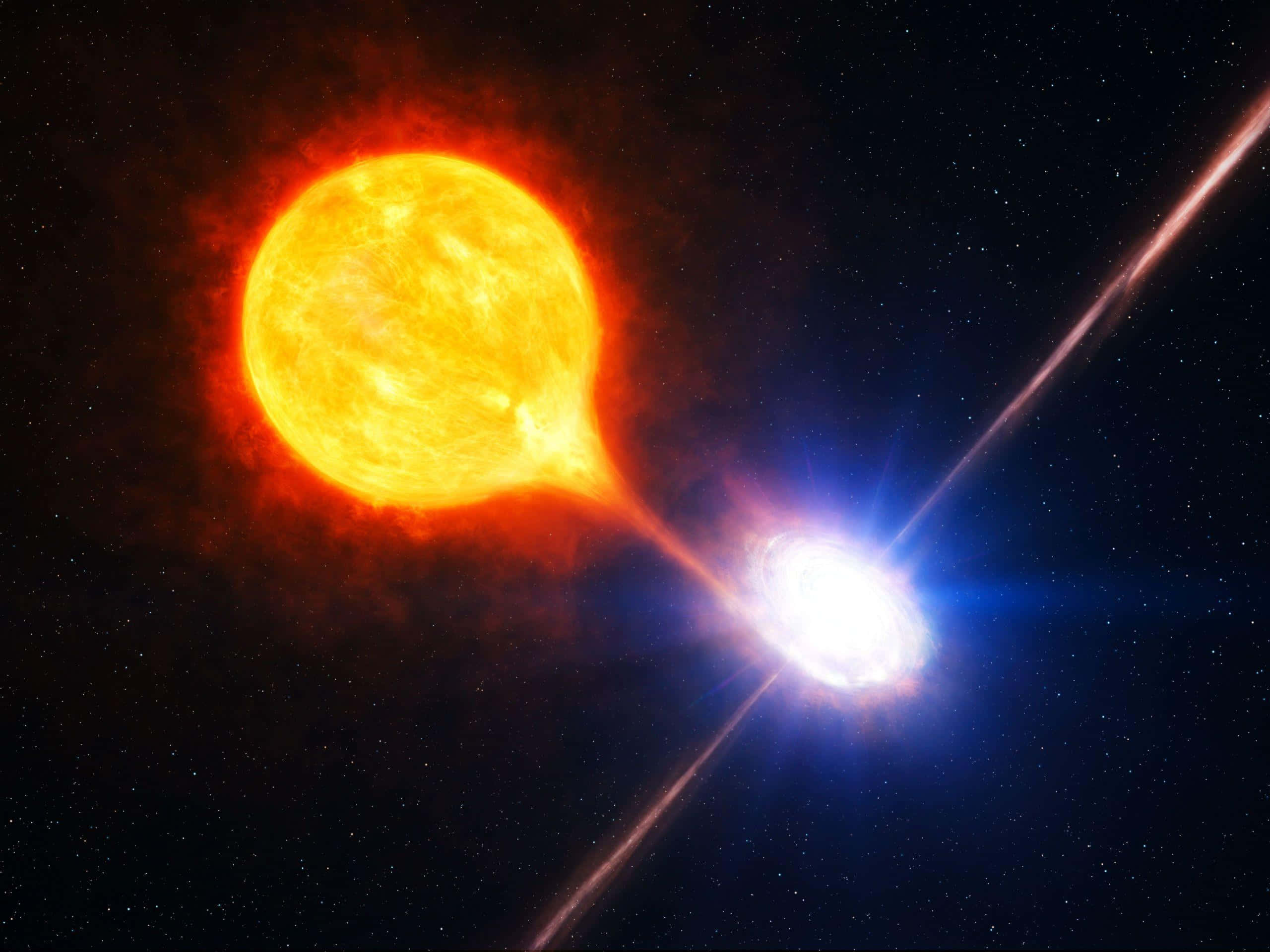 Quasar 桌布 壁紙 — 一顆熾熱的橙色恆星向一顆明亮的藍白色伴星噴射出一股等離子流，背景是繁星點點的黑色虛空。