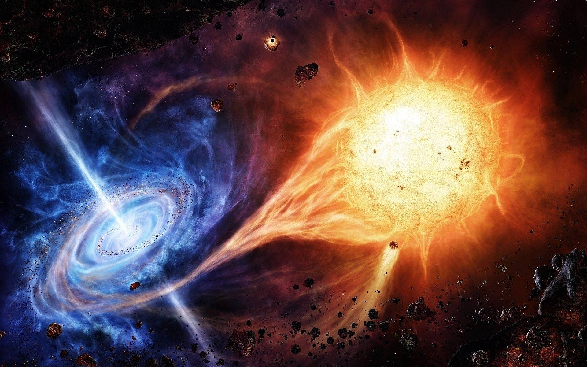 4K ultra HD galaxy 桌布 壁紙 — 一顆熾熱的橙色恆星與一個旋轉的藍色星系在漂浮的小行星中發生宇宙碰撞。