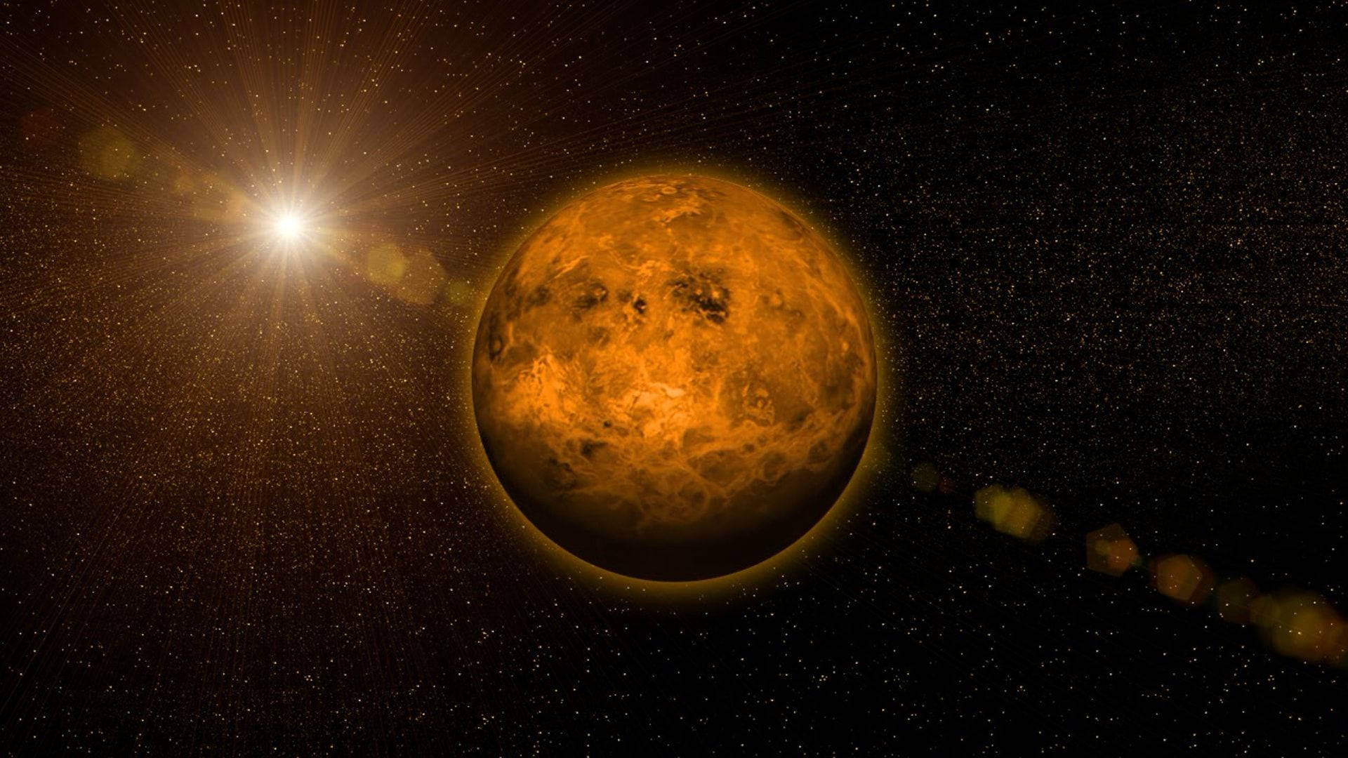 熾熱的橙色行星在深空中環繞一顆明亮的恆星，帶有鏡頭光暈。 — 外太空 GIF 壁紙