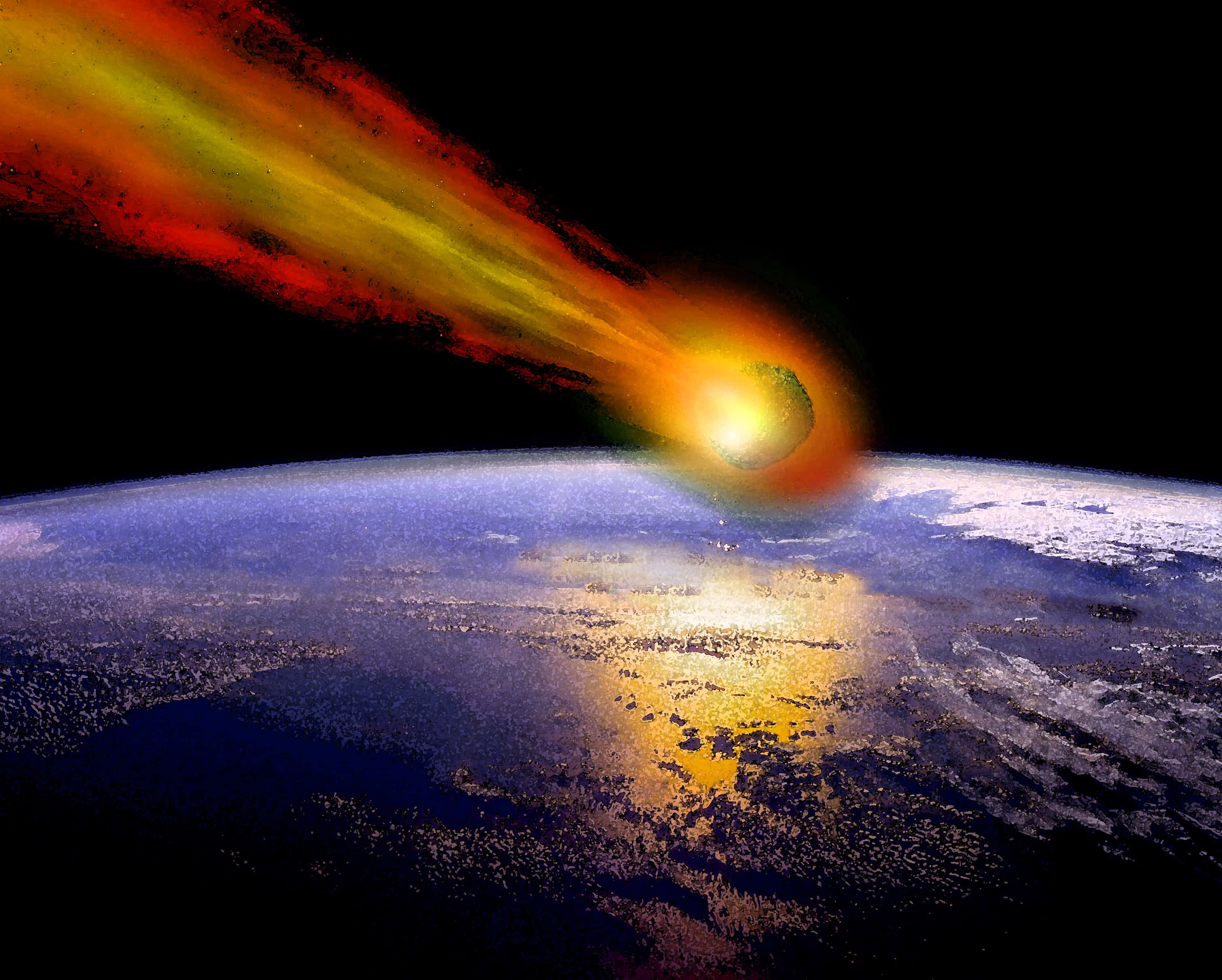 meteor 桌布 壁紙 — 一顆熾熱的流星劃向地球，在地球藍白相間的表面上留下一道發光的軌跡。