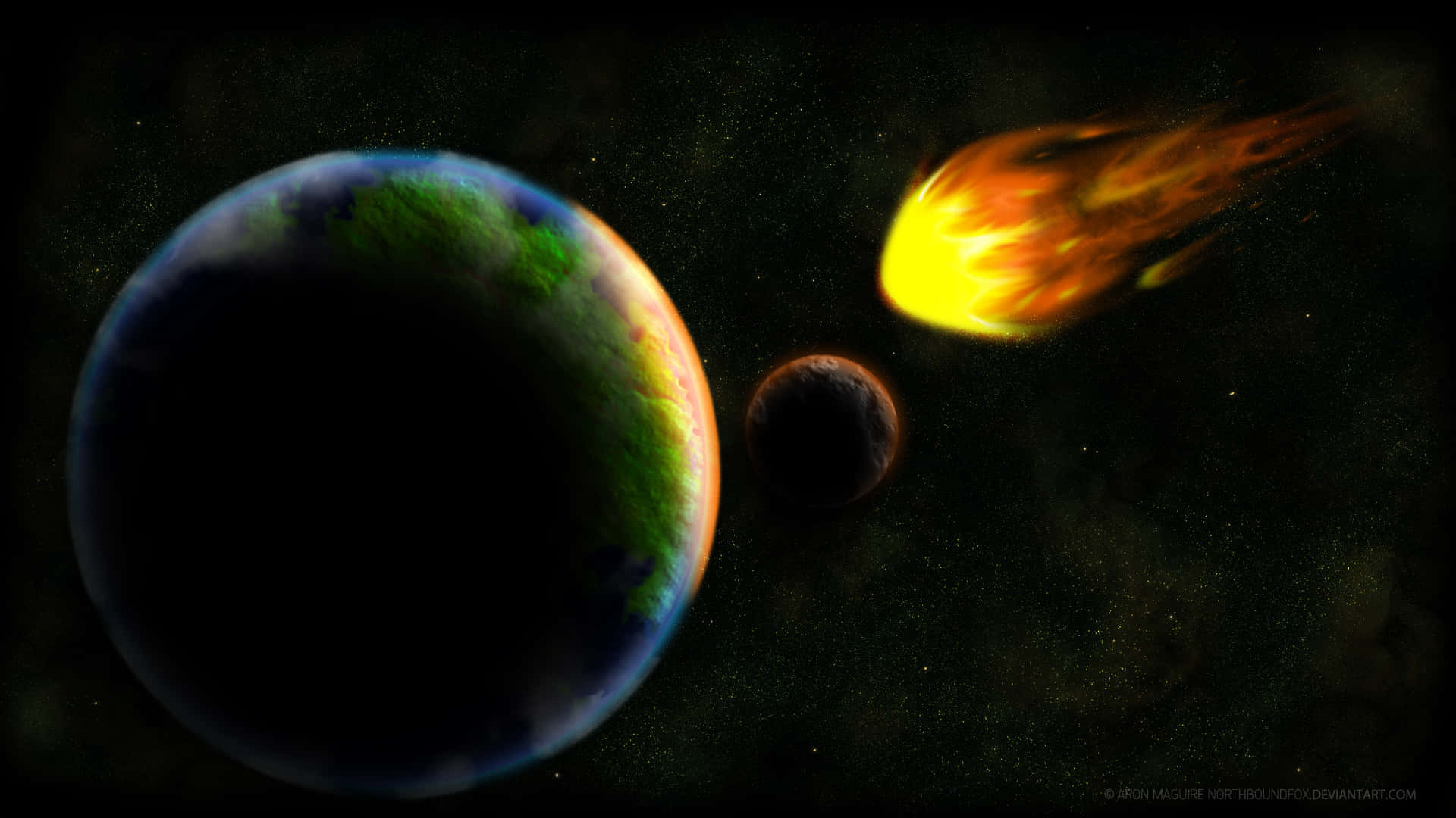 地球 桌布 壁紙 — 一顆熾熱的流星劃過一顆發光的行星和小衛星，背景是繁星點點的宇宙。