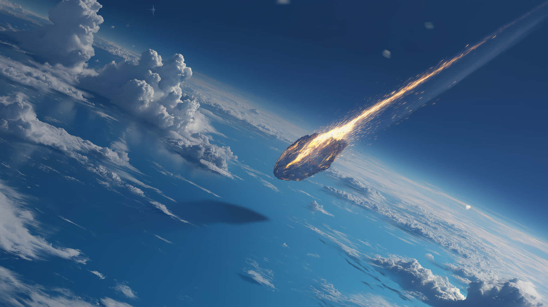 Meteorite with Fiery Trail Entering Earth's Upper Air 壁紙 — 一顆熾熱的流星劃過地球大氣層，在蓬鬆的白雲和深藍色的天空上留下一條發光的軌跡。