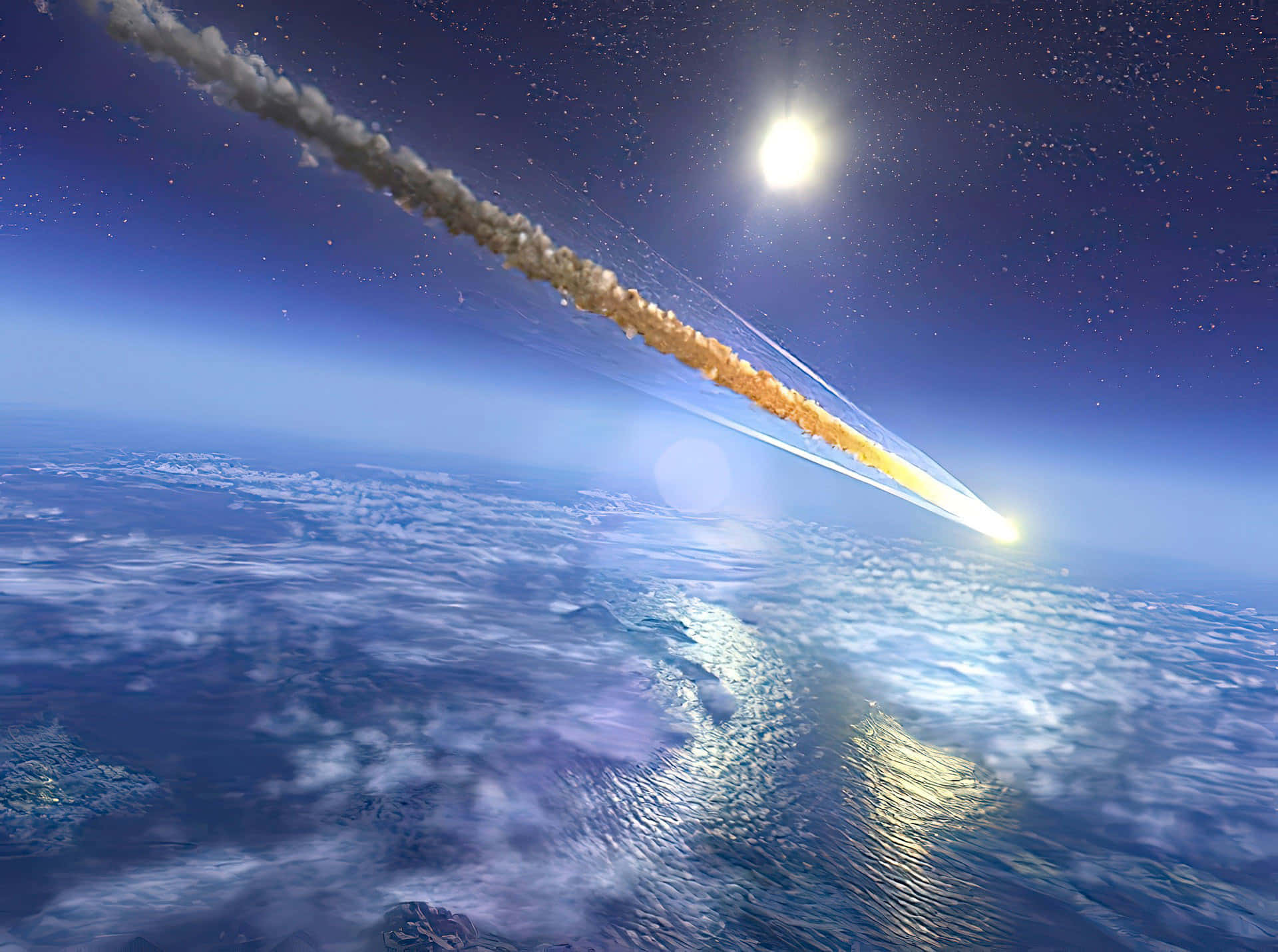 meteor 桌布 壁紙 — 一顆熾熱的流星劃過地球藍色海洋和雲層上方的星空，留下一條火紅的軌跡。