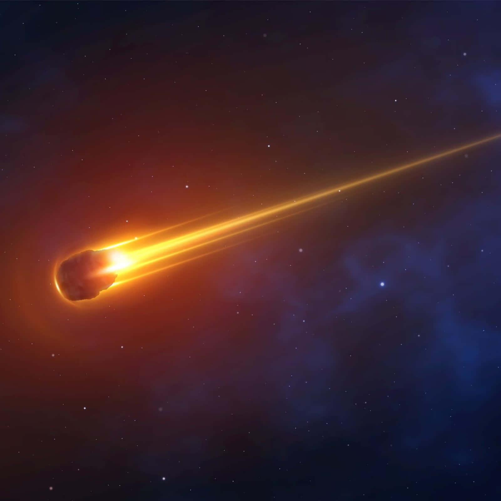 meteor 桌布 壁紙 — 一顆熾熱的流星劃過星空宇宙，在深藍色和紫色星雲的背景下留下發光的橙色軌跡。