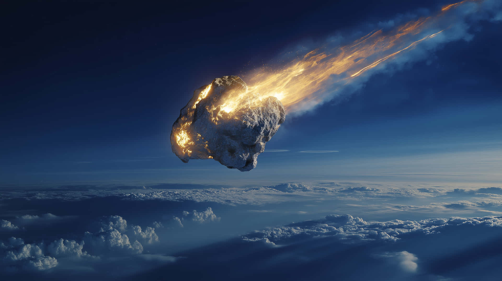 Blazing Meteorite Entering Earth's Atmosphere Over Clouds 壁紙 — 一顆熾熱的流星劃過深藍色的天空，下方是蓬鬆白雲的海洋。