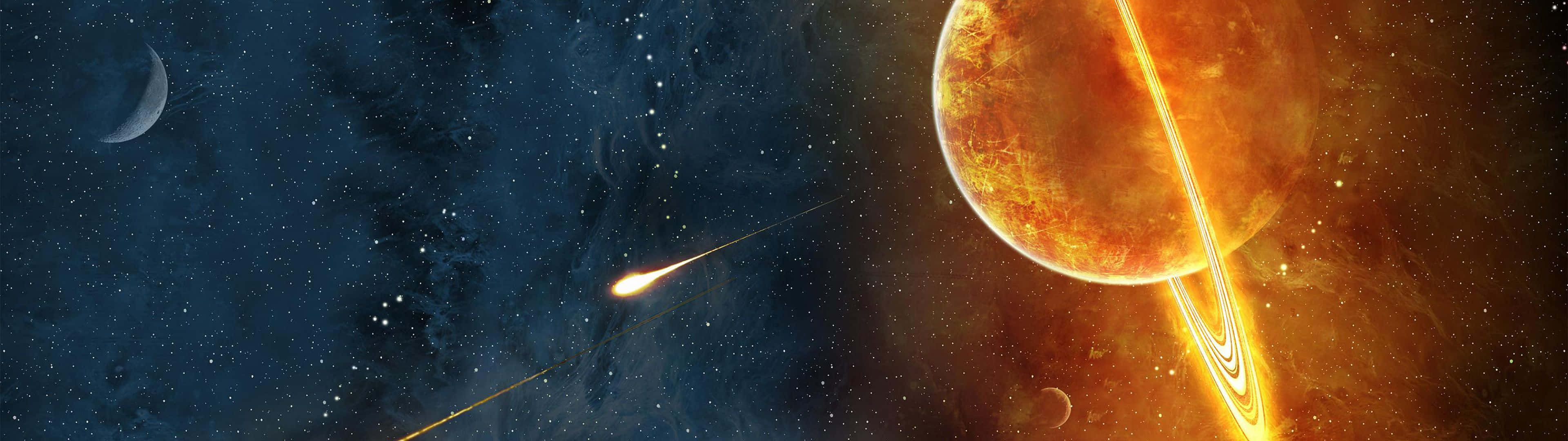 太陽 桌布 壁紙 — 一顆熾熱的環狀行星主宰著繁星點點的宇宙場景，一顆彗星劃過，弦月懸於深空。