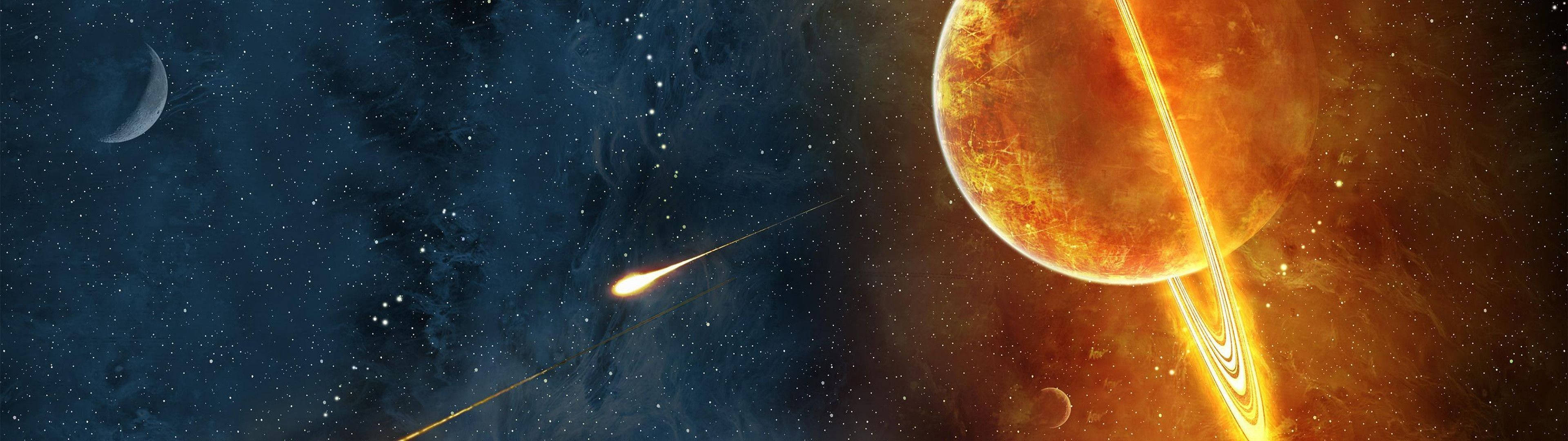 Screen 桌布 壁紙 — 一顆熾熱的環狀行星主導了繁星點點的宇宙場景，彗星劃過，新月在深空中。