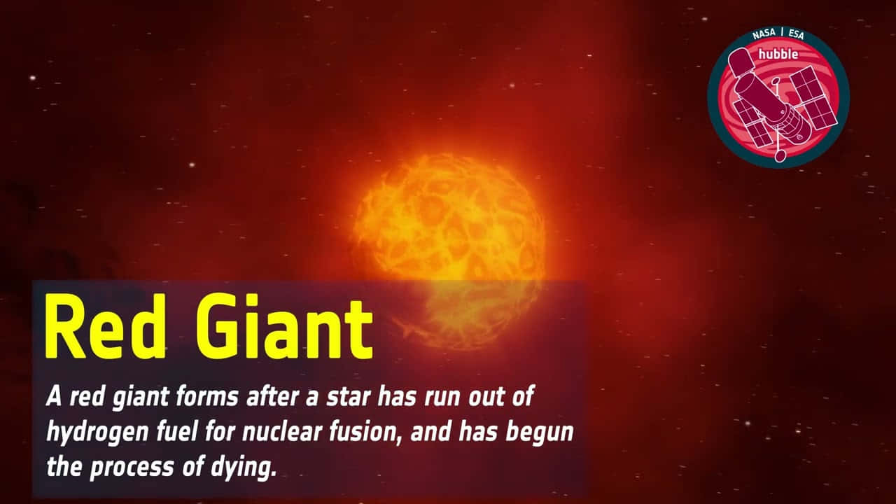 Red Giant 桌布 壁紙 — 一顆熾熱的紅巨星在深紅色的宇宙背景中脈動，周圍散落著星星和哈勃標誌。