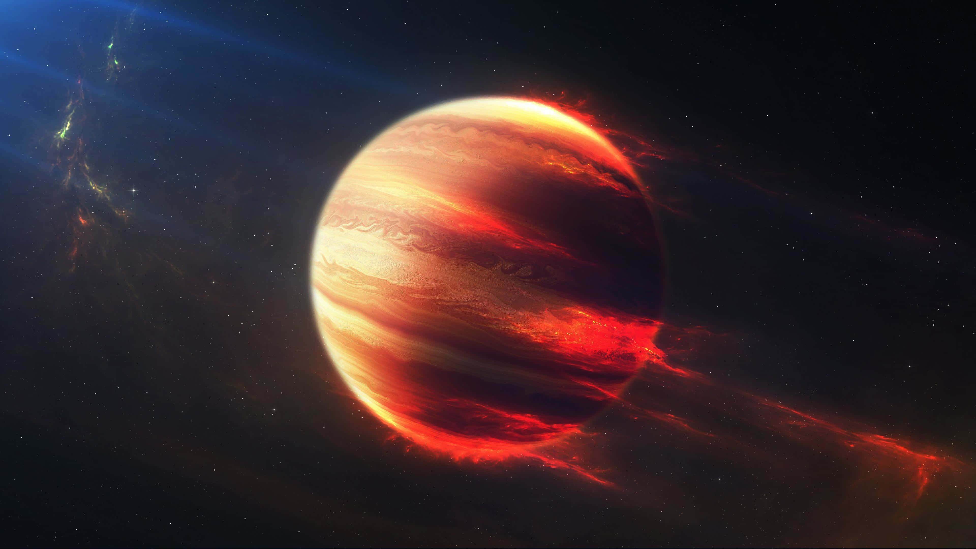 木星 桌布 壁紙 — 一顆熾熱的紅色和橙色氣體巨星行星，帶有旋轉風暴，在星光燦爛的宇宙背景中發光，並有發光的星雲。
