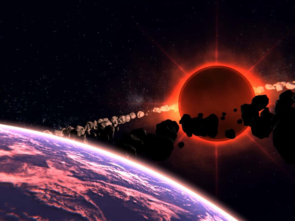 Black Hole Sun 桌布 壁紙 — 一顆熾熱的紅色太陽被一顆行星遮蔽，一條小行星帶掠過地球發光的紫色和粉紅色地平線。