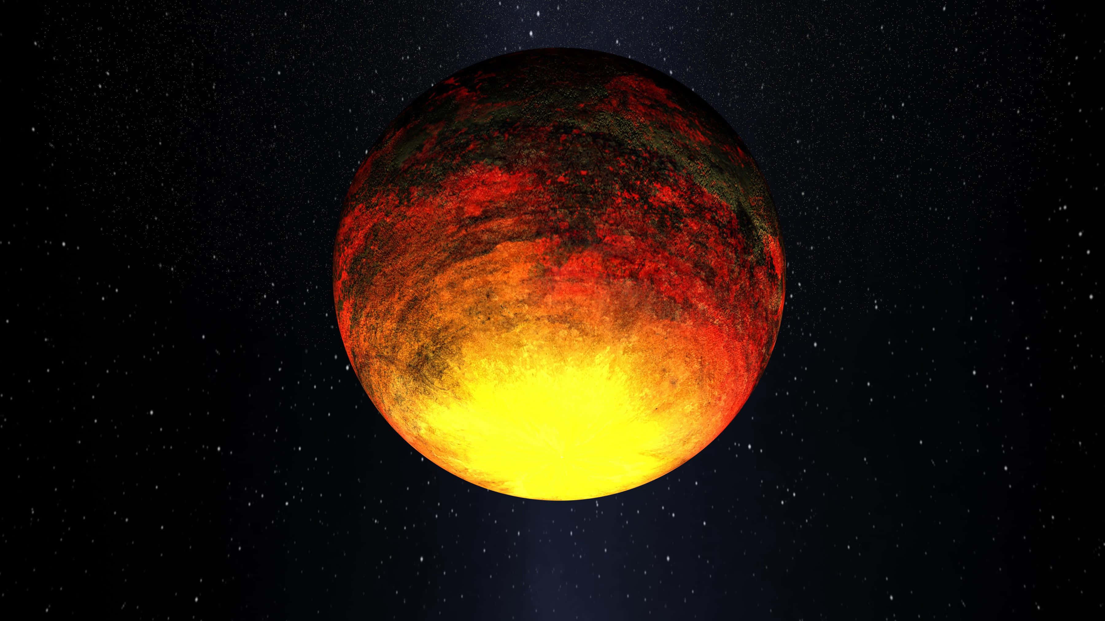 行星動畫 桌布 壁紙 — 一顆熾熱的行星，帶有發光的黃色核心和紅橙色表面，漂浮在繁星點點的宇宙虛空中。