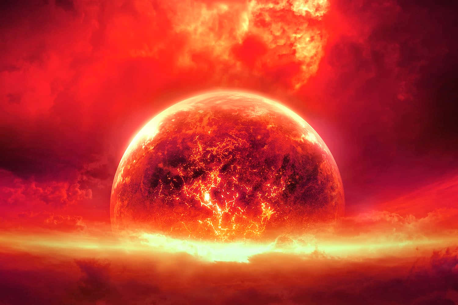 NASA 動態圖片 桌布 壁紙 — 一顆熾熱的行星噴發出發光的熔岩脈，映襯著血紅色的暴風雨天空。