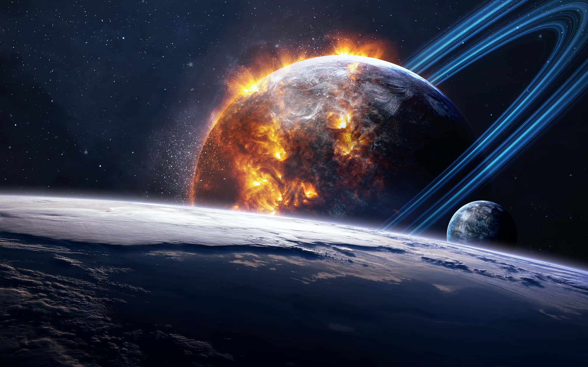 Ring 桌布 壁紙 — 一顆熾熱的行星在星際虛空中，於一個有環的世界和一顆遙遠的衛星旁爆發宇宙烈焰。