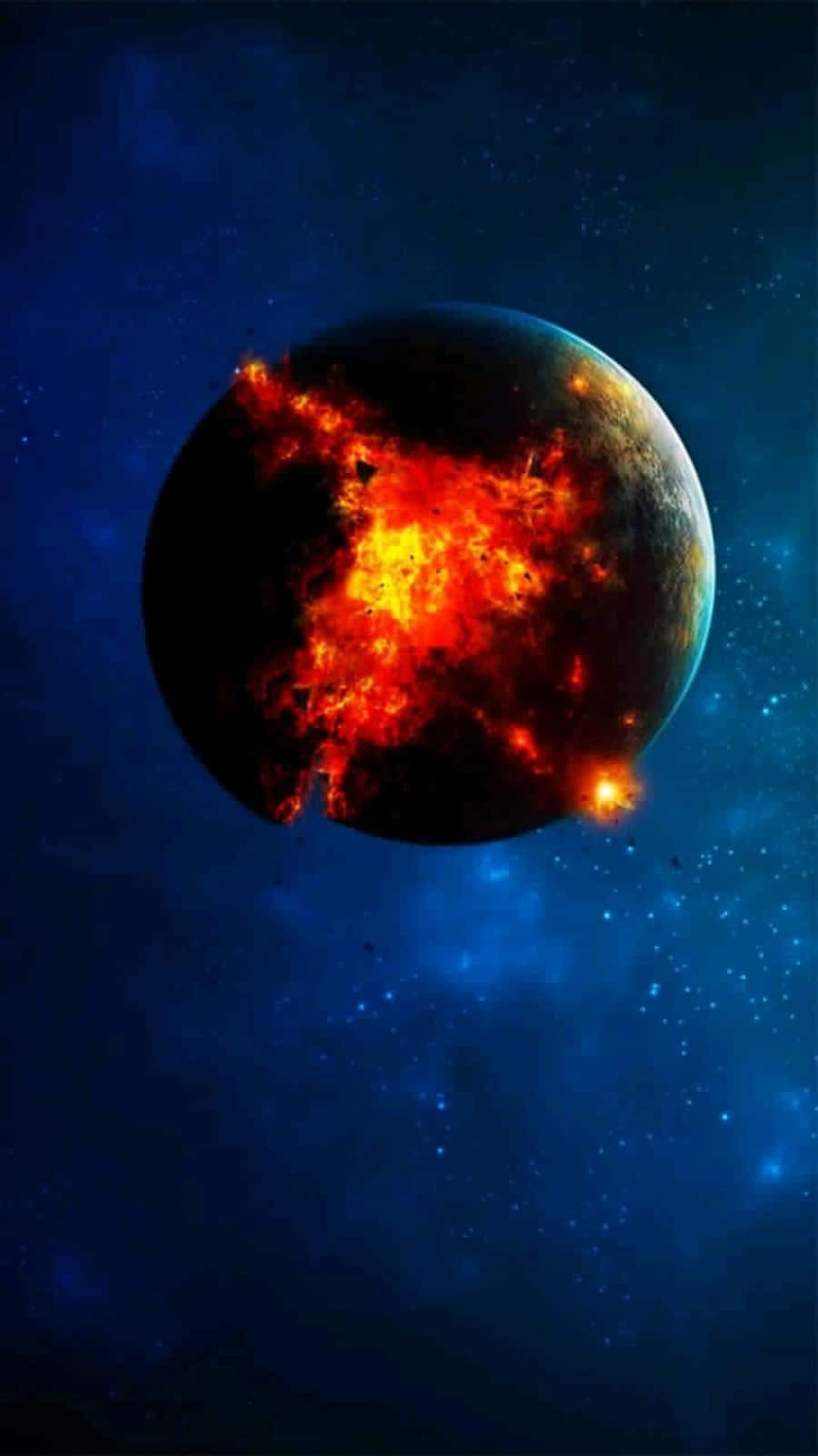 Celestial Bodies 桌布 壁紙 — 一顆熾熱的行星在深藍色星空背景下以鮮豔的橙色和紅色爆炸。