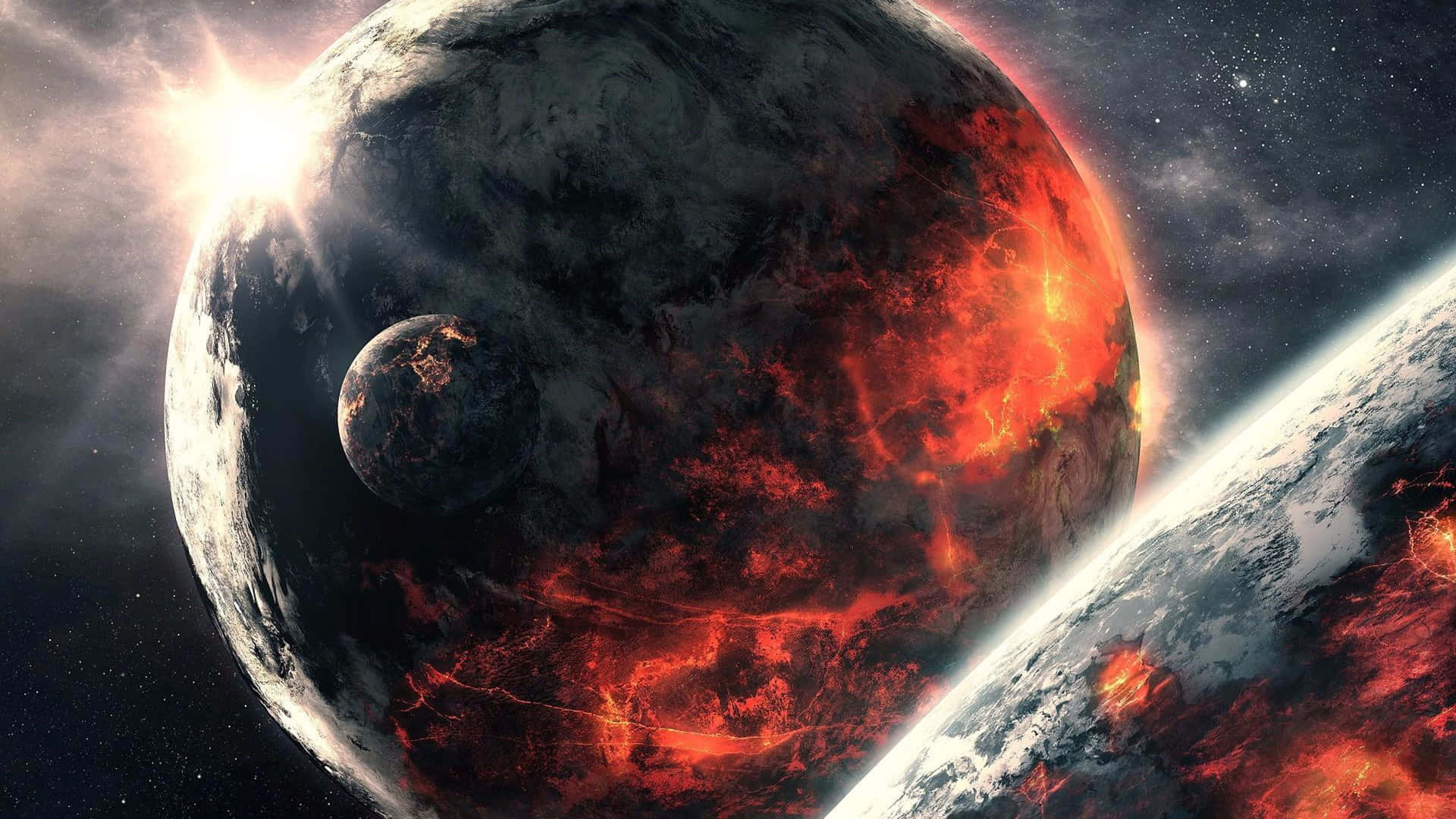 外太空 桌布 壁紙 — 一顆熾熱的行星在繁星點點的宇宙背景下噴發熔岩，背景中有一顆明亮的太陽和較小的衛星。