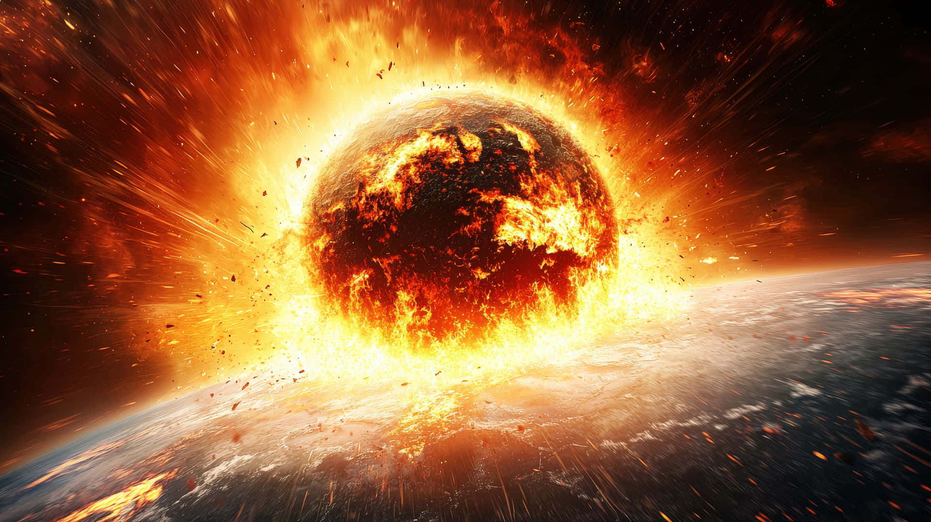 A giant asteroid crashes into Earth, creating a fiery explosion with debris scattering through space 壁紙 — 一顆熾熱的行星在黑暗的宇宙背景下爆炸，爆發出橙色和黃色的火焰，碎片向外飛散。