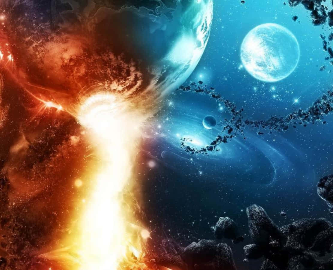 史詩 桌布 壁紙 — 一顆熾熱行星爆發宇宙爆炸，小行星在星光虛空中飄過發光的衛星。