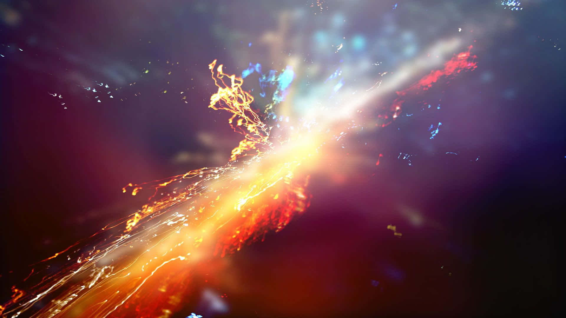 Supernova Explosion 桌布 壁紙 — 一顆璀璨的宇宙爆炸在黑暗星雲背景下迸發出火橙色和電光藍色的能量。