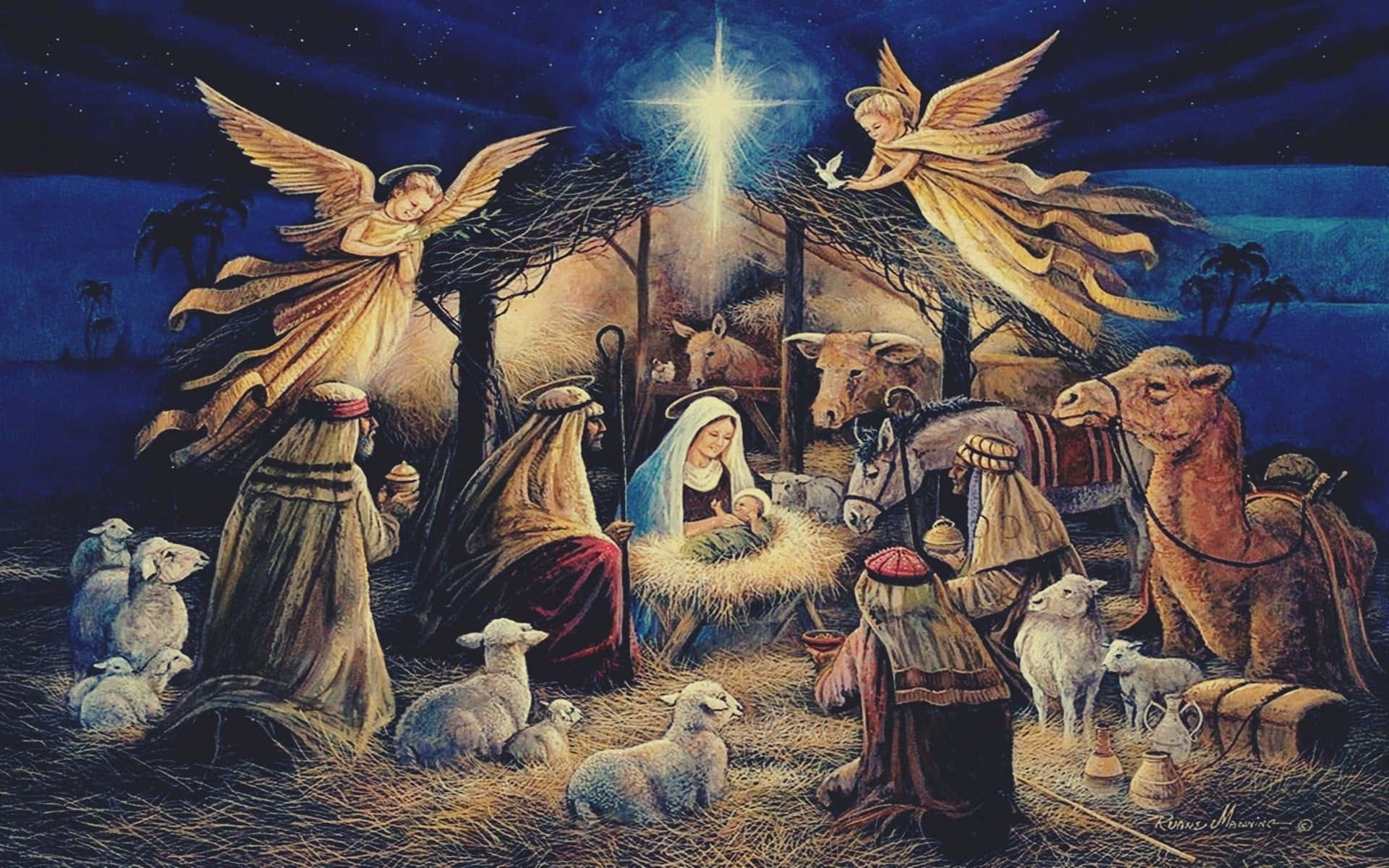 Nativity Scene 桌布 壁紙 — 一顆璀璨的星星照耀著耶穌誕生的場景，天使盤旋在懷抱嬰兒耶穌的瑪利亞上方，周圍有牧羊人、動物和駱駝，在繁星點點的夜空下。