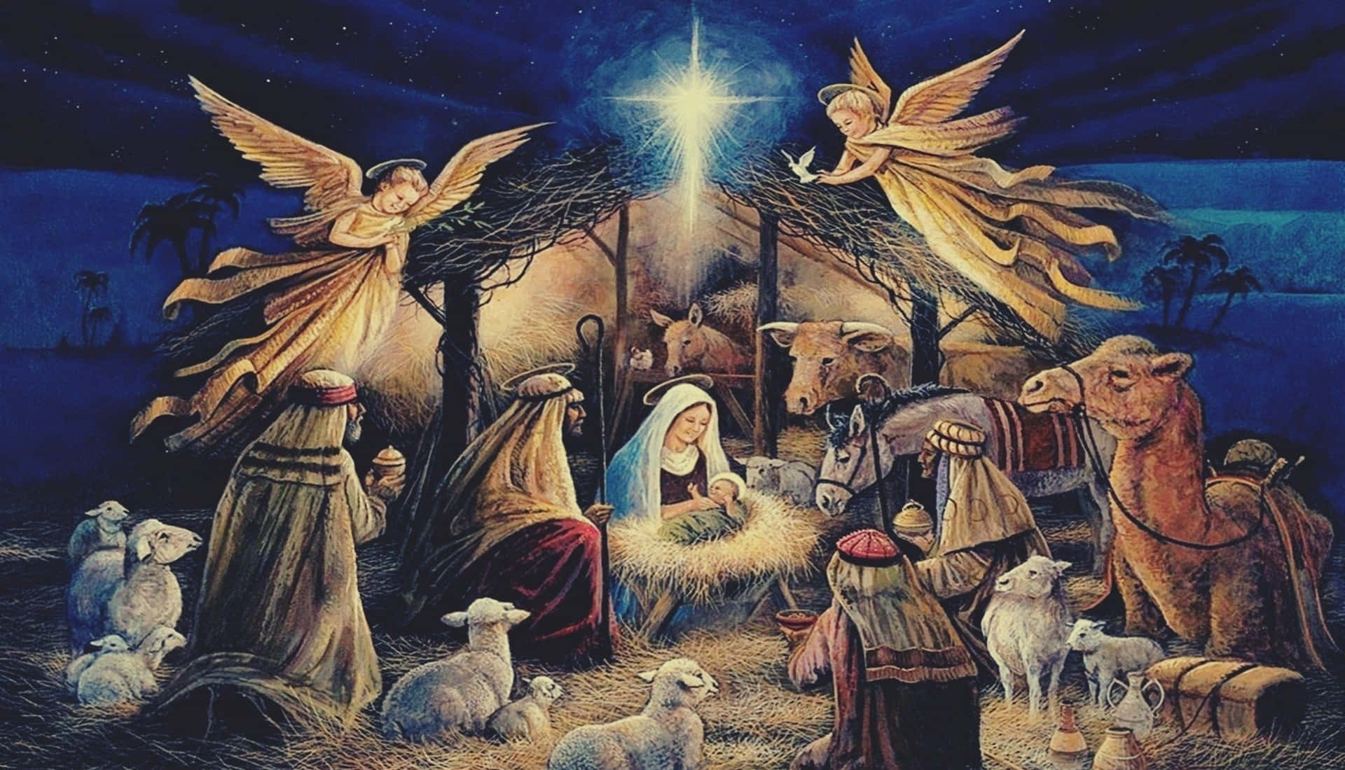 Nativity 桌布 壁紙 — 一顆璀璨的星星照耀著耶穌誕生的場景，天使在懷抱嬰兒耶穌的瑪利亞上方盤旋，周圍有牧羊人、動物和駱駝，背景是繁星點點的夜空。