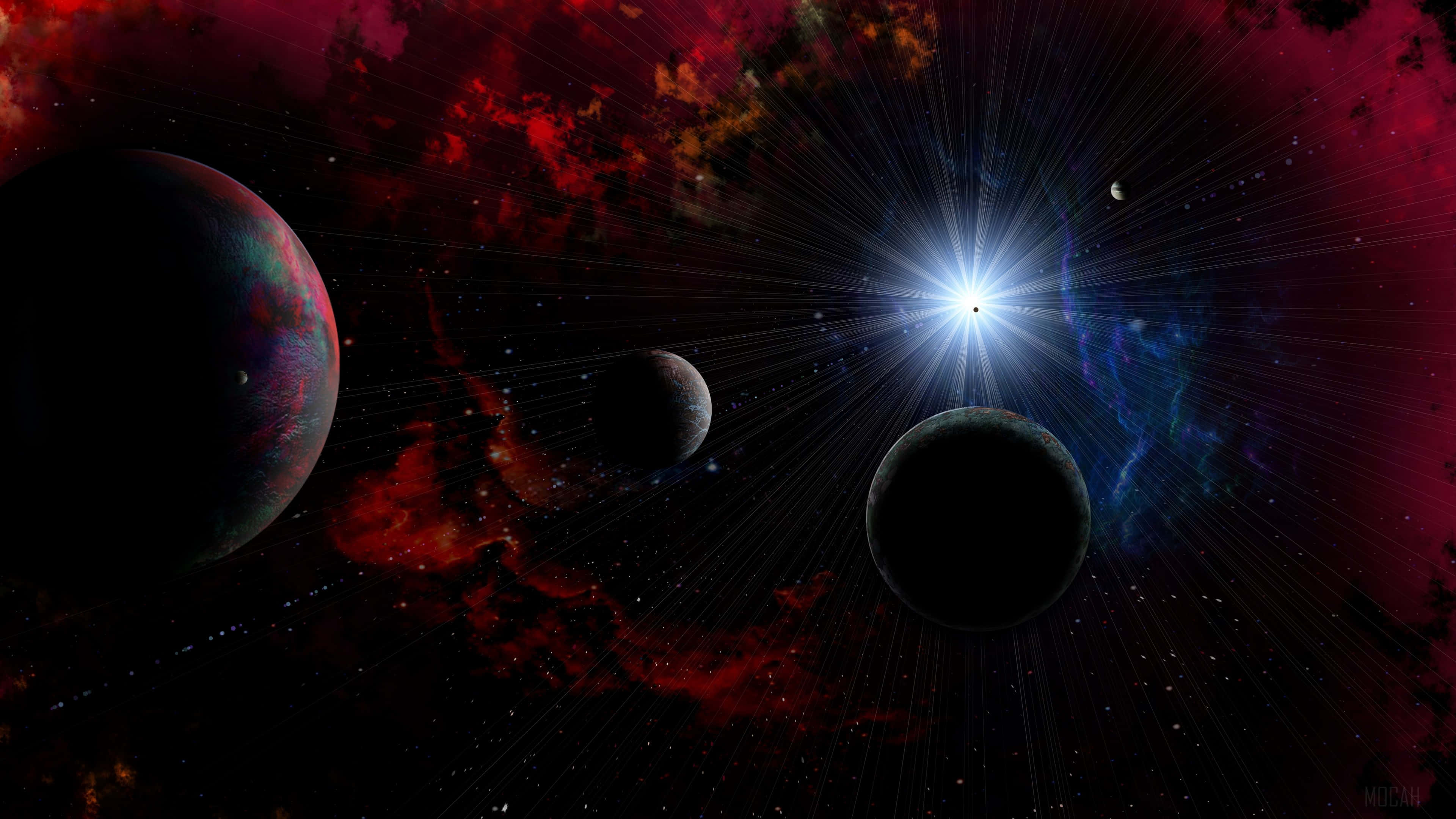 紅色動圖 桌布 壁紙 — 一顆璀璨的星爆在深空中照亮了黑暗行星，背景是旋轉的紅色和藍色星雲。