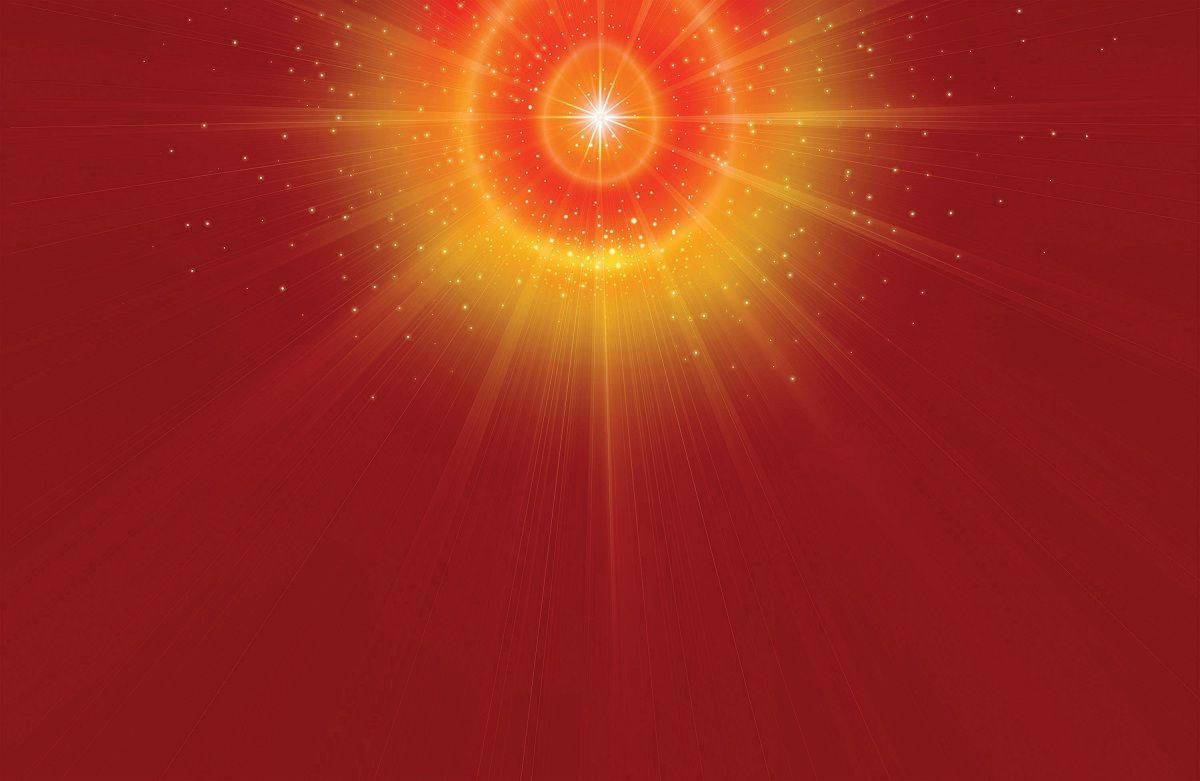 Shiv Baba 桌布 壁紙 — 一顆璀璨的金色太陽爆發從中央恆星中迸發，背景是深紅漸變的天空，帶有閃爍的粒子。