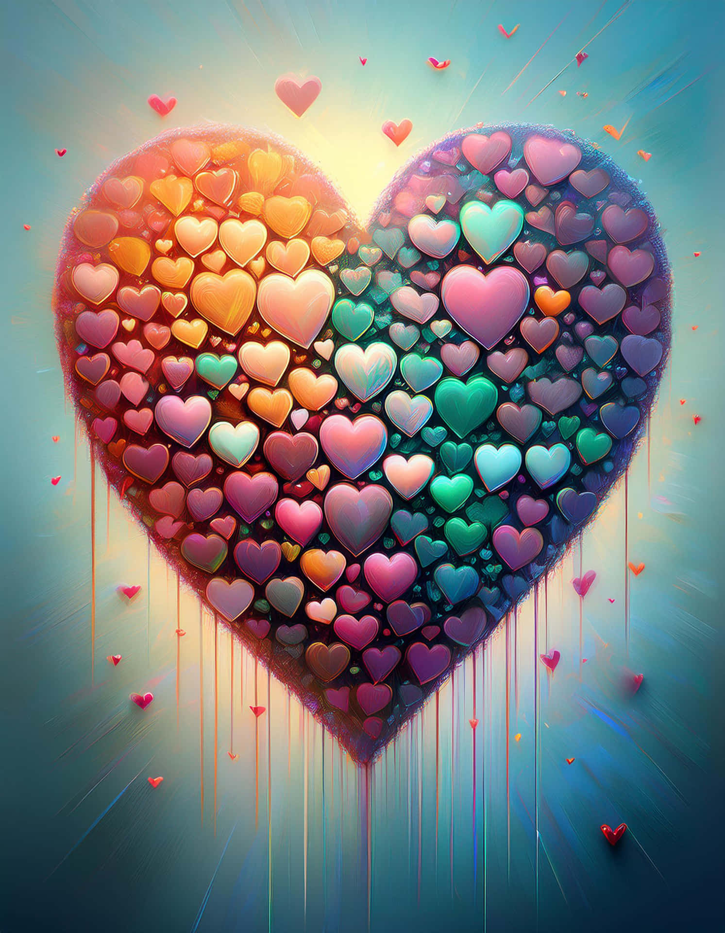 Dance of Colorful Hearts 壁紙 — 一顆由多色光澤心形組成的閃爍心形，帶有光線和漂浮的心形，背景為漸變藍色。