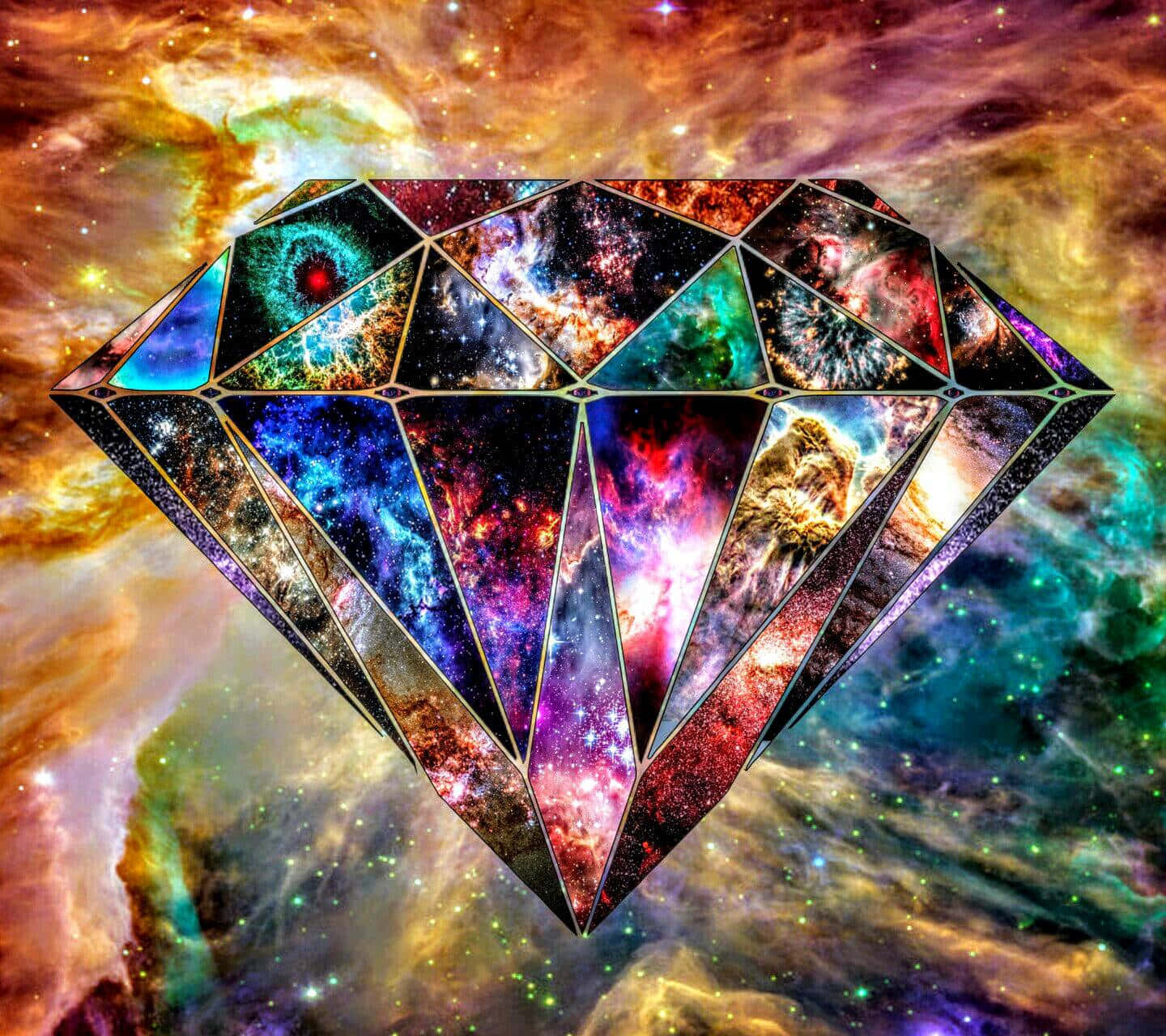 桌布 壁紙 — 一顆由宇宙星雲和星系組成的巨大鑽石，漂浮在旋轉的星空背景上。