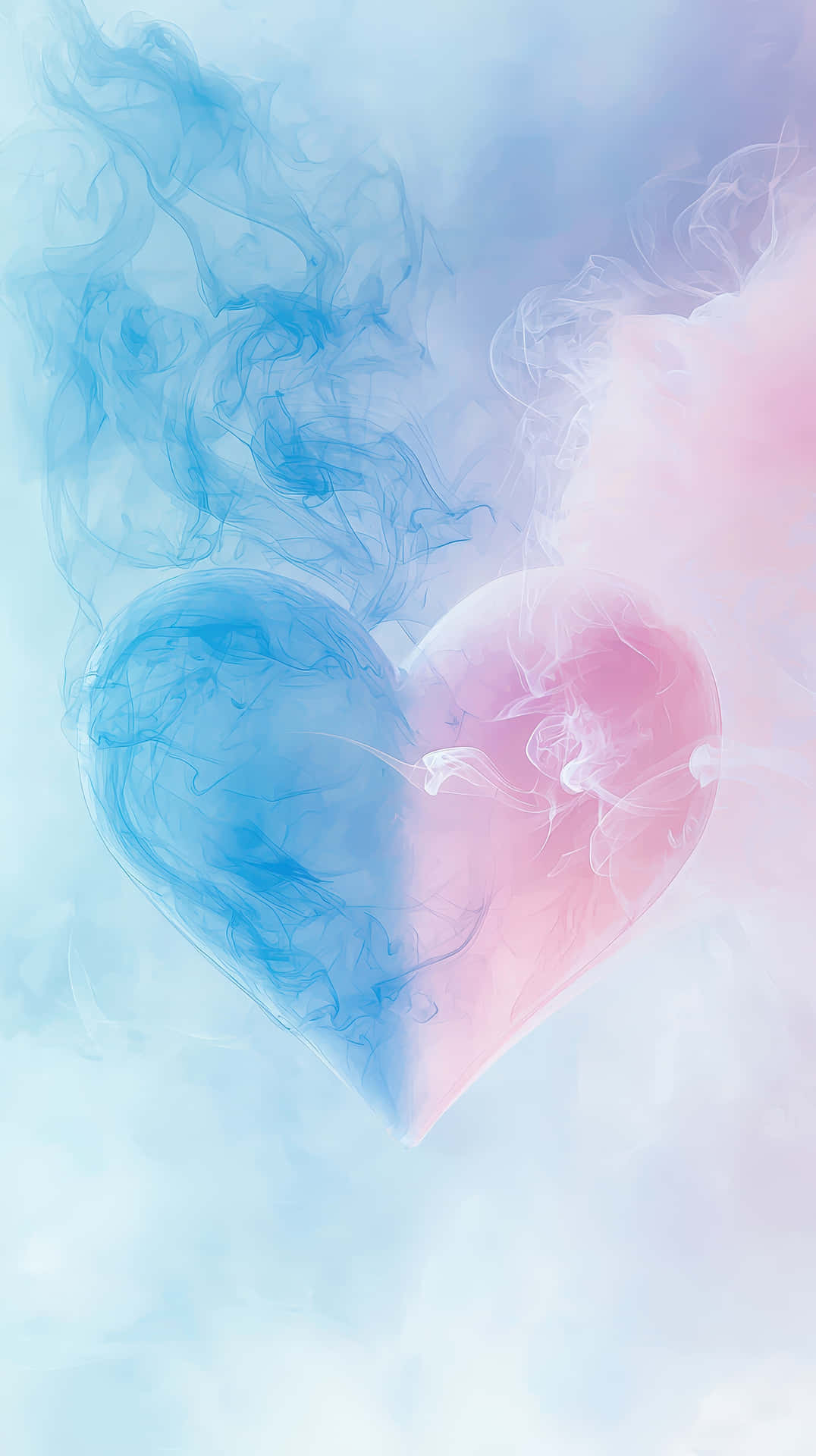 Romantic Abstract Heart in Blue and Pink Smoke with a Soft and Dreamy Pastel Background 壁紙 — 一顆由旋轉的藍色和粉紅色煙霧形成的心形，漂浮在柔和的粉彩天空背景上。