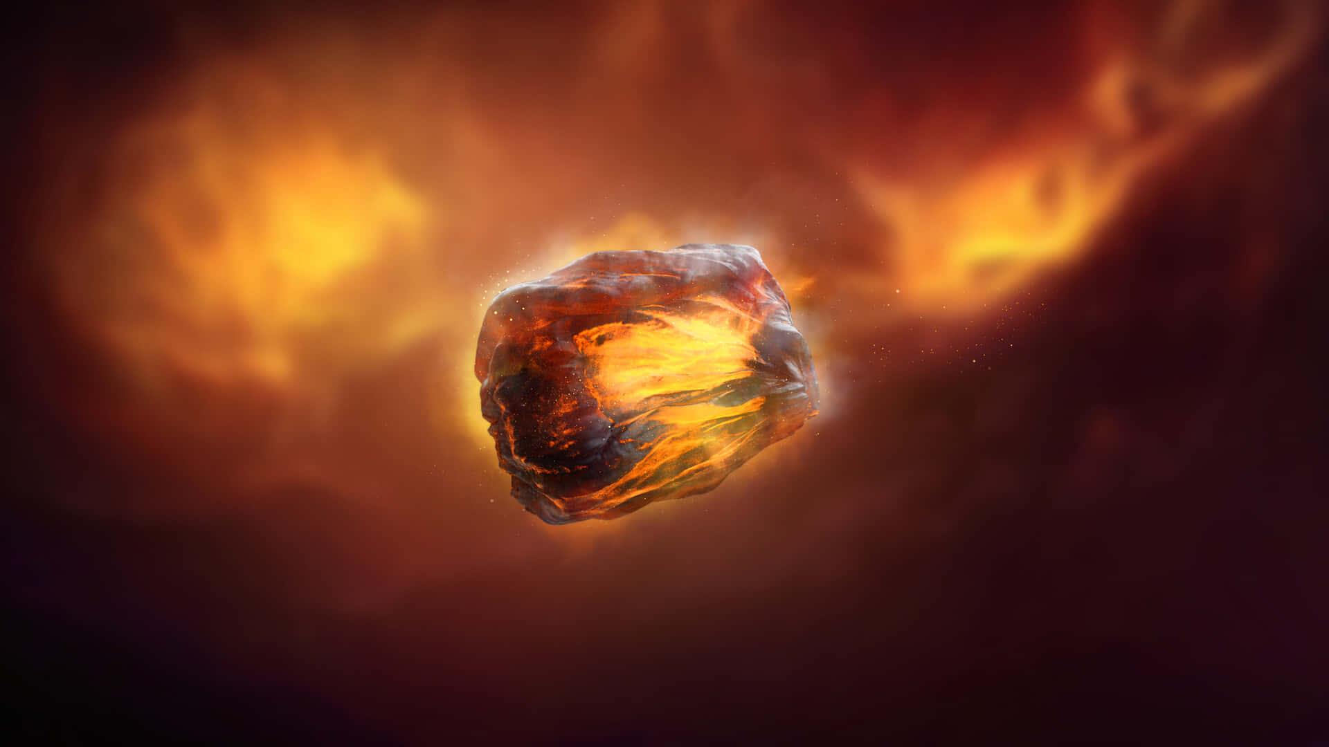 Soul Stone 桌布 壁紙 — 一顆發光熾熱的流星體劃過由橙色和紅色宇宙氣體組成的旋轉星雲。