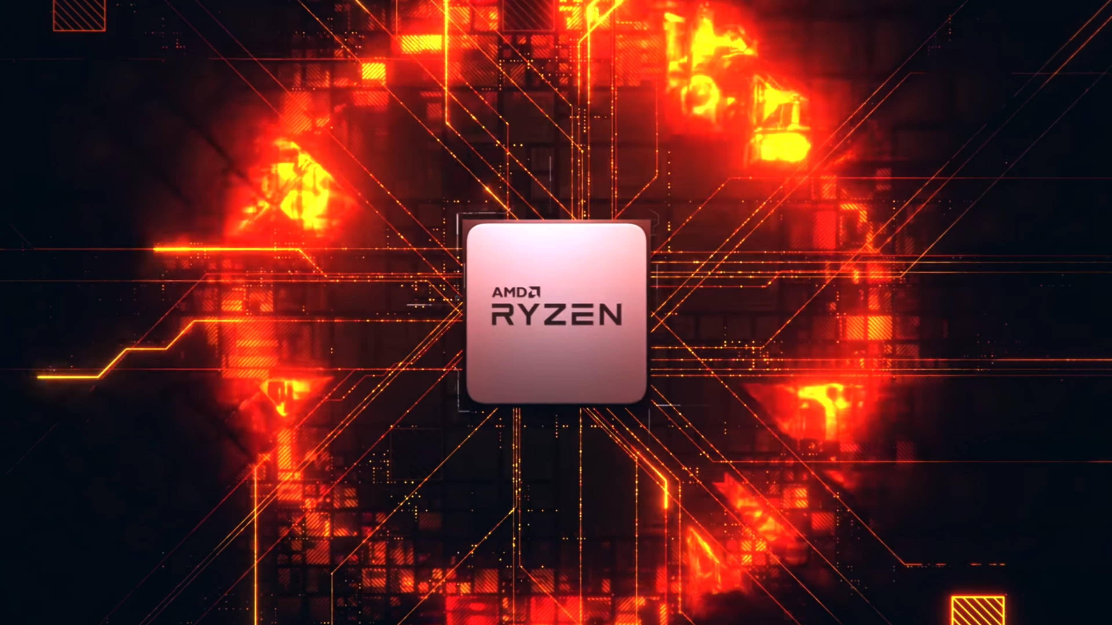 4K 桌布 壁紙 — 一顆發光的AMD Ryzen處理器晶片，在黑暗背景中，置於熾熱的橙色電路和數位數據流之間。