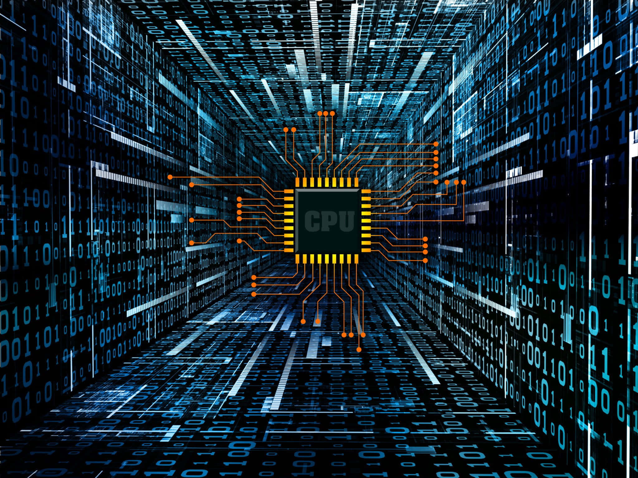 科技動圖 桌布 壁紙 — 一顆發光的CPU晶片位於一條數位隧道的中心，隧道內襯有藍色和橙色調的流動二進制代碼。